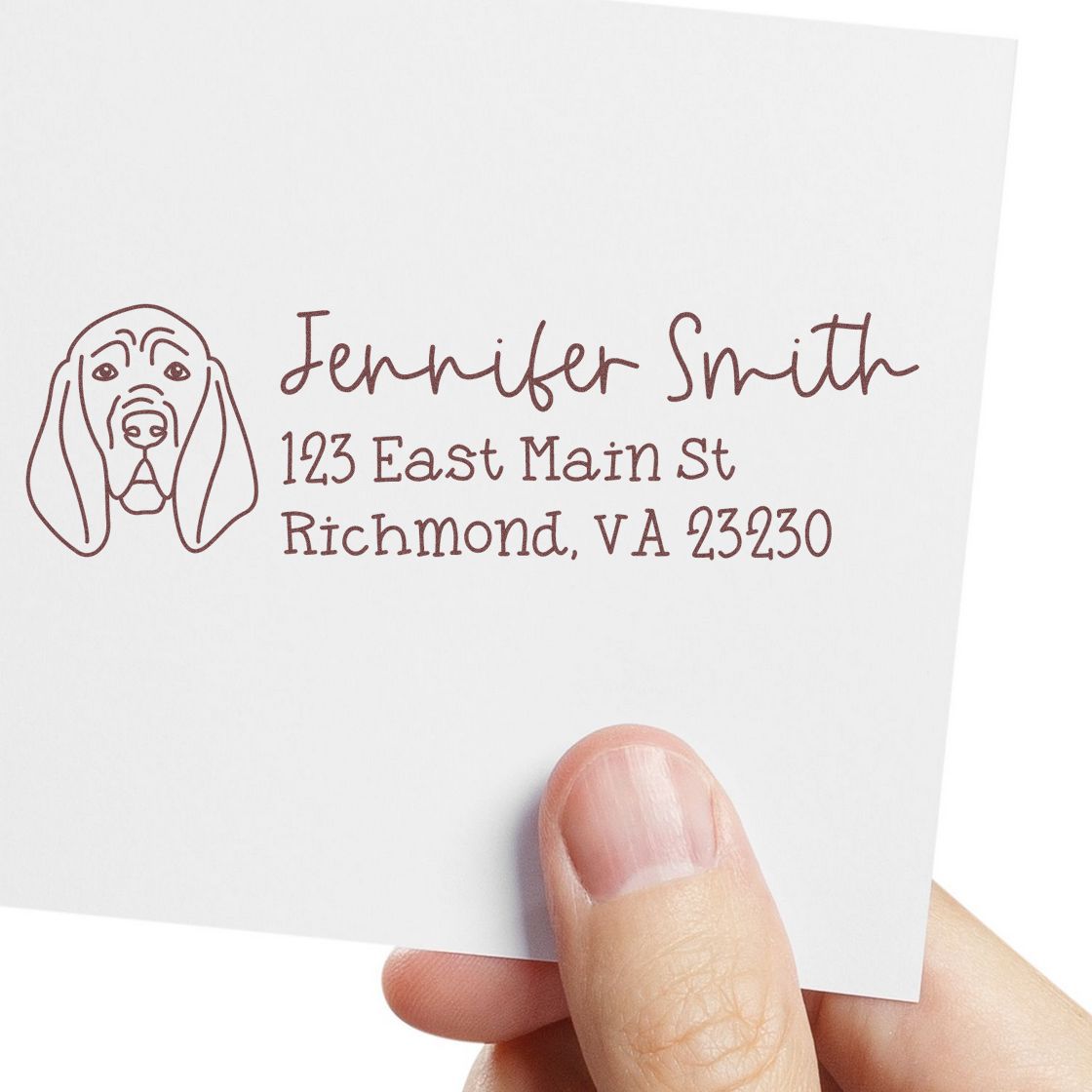 Personalized return address rubber stamp with dog illustration, Jennifer Smith name, and Richmond, VA mailing address.