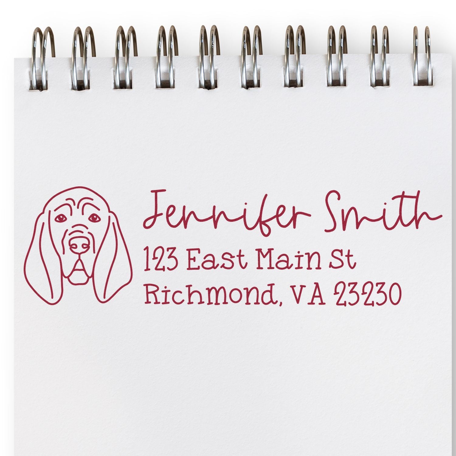 Custom dog return address rubber stamp impression on a notebook page, with name and Richmond, VA address.