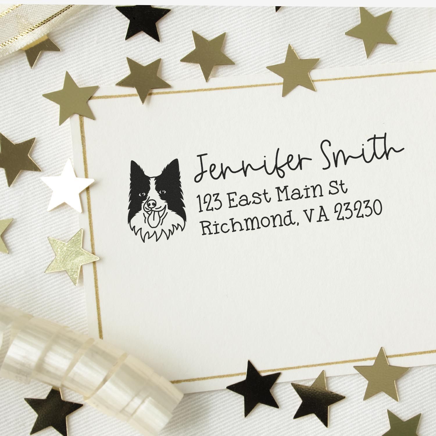 Custom dog return address rubber stamp for personalized envelopes, featuring name, address, and pet-themed design.