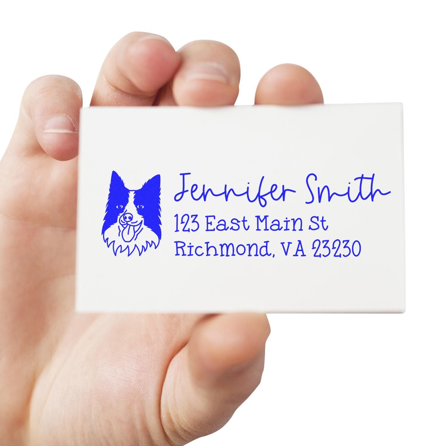 Custom return address rubber stamp with dog logo, personalized for Jennifer Smith in Richmond, VA.