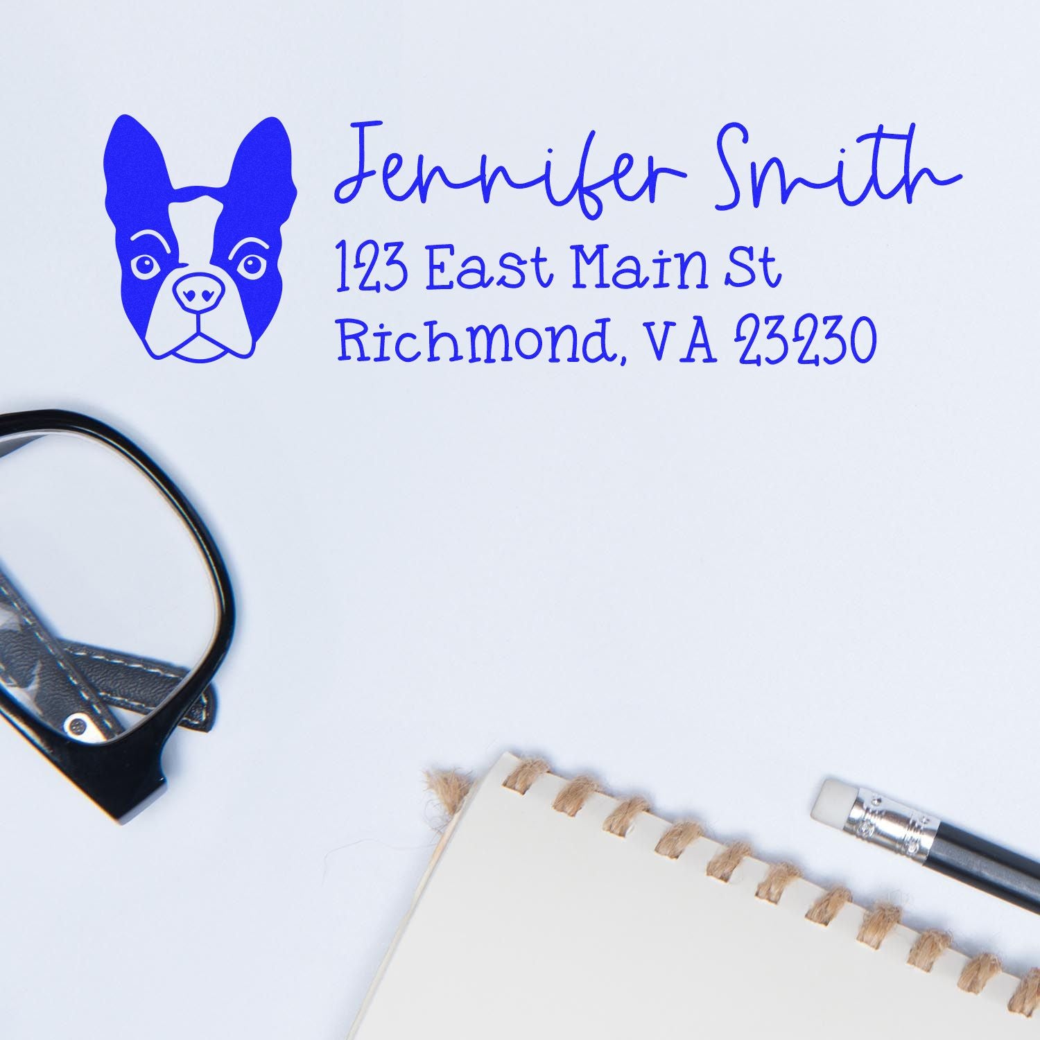 Custom dog return address rubber stamp with Jennifer Smith name and Richmond, VA address