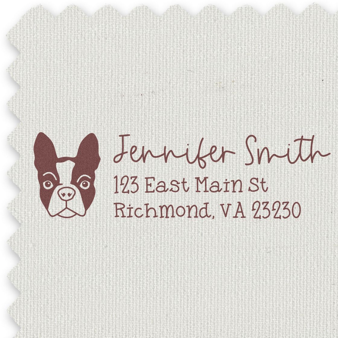 Personalized return address rubber stamp with dog face logo for Jennifer Smith, Richmond, VA.