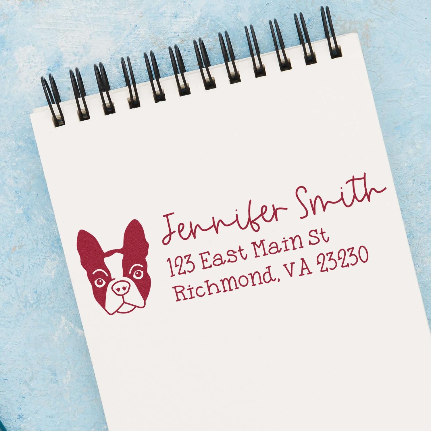 Custom address rubber stamp with dog logo for Jennifer Smith, 123 East Main St, Richmond, VA.