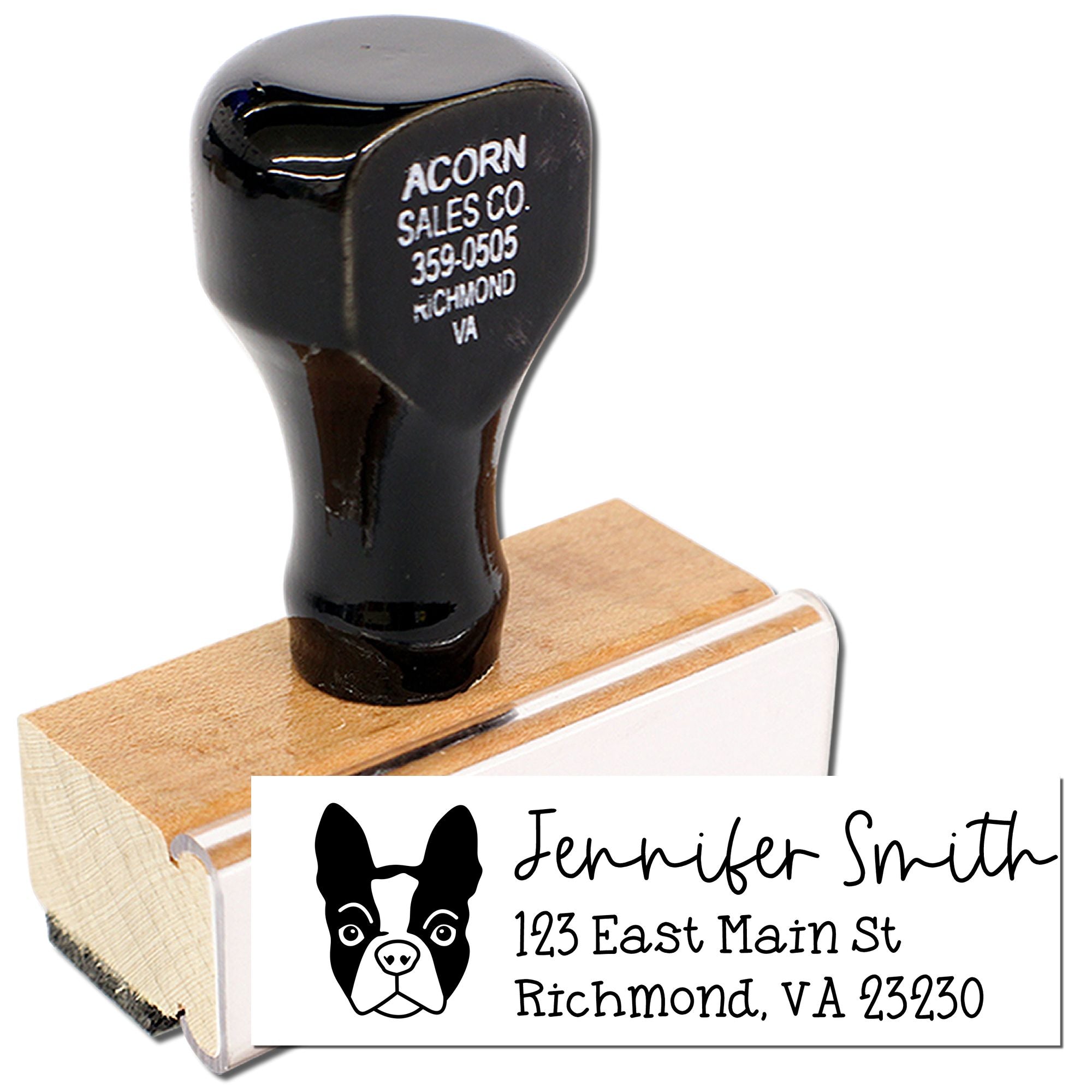 Custom rubber stamp with dog logo and personalized return address, shown on self-inking stamp block for mailing and packaging.