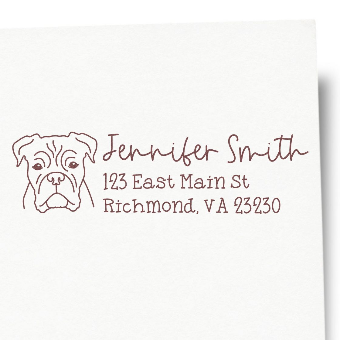 Personalized bulldog return address rubber stamp for Jennifer Smith, Richmond VA, ideal for envelopes, cards, and mail.