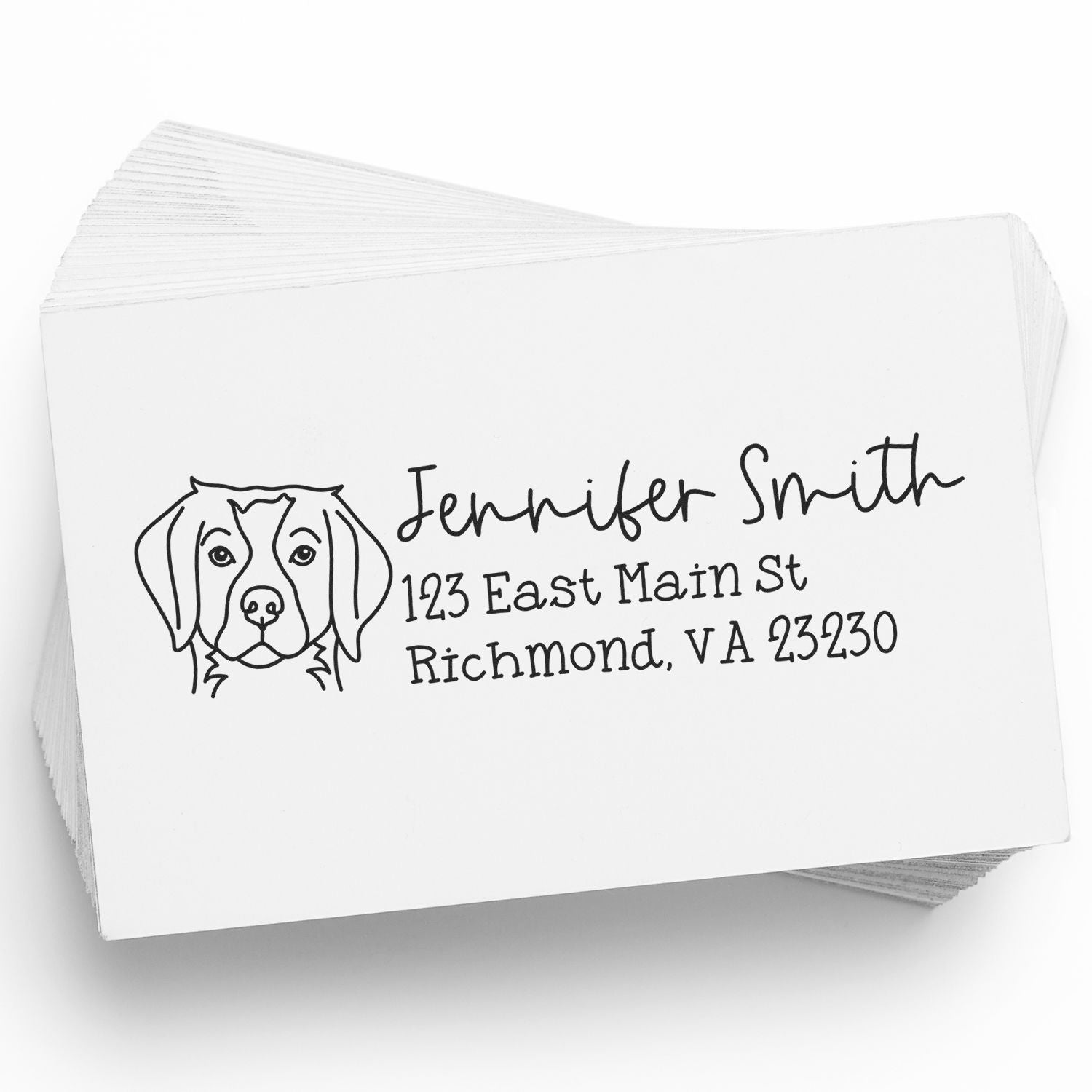 Custom dog address rubber stamp with personalized name and return address for envelopes and pet-themed mailing.