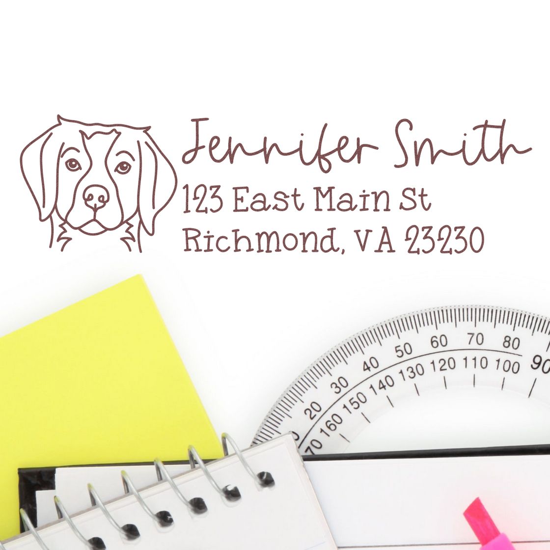 Personalized dog return address rubber stamp with Jennifer Smith, Richmond VA address for pet lover mailings.
