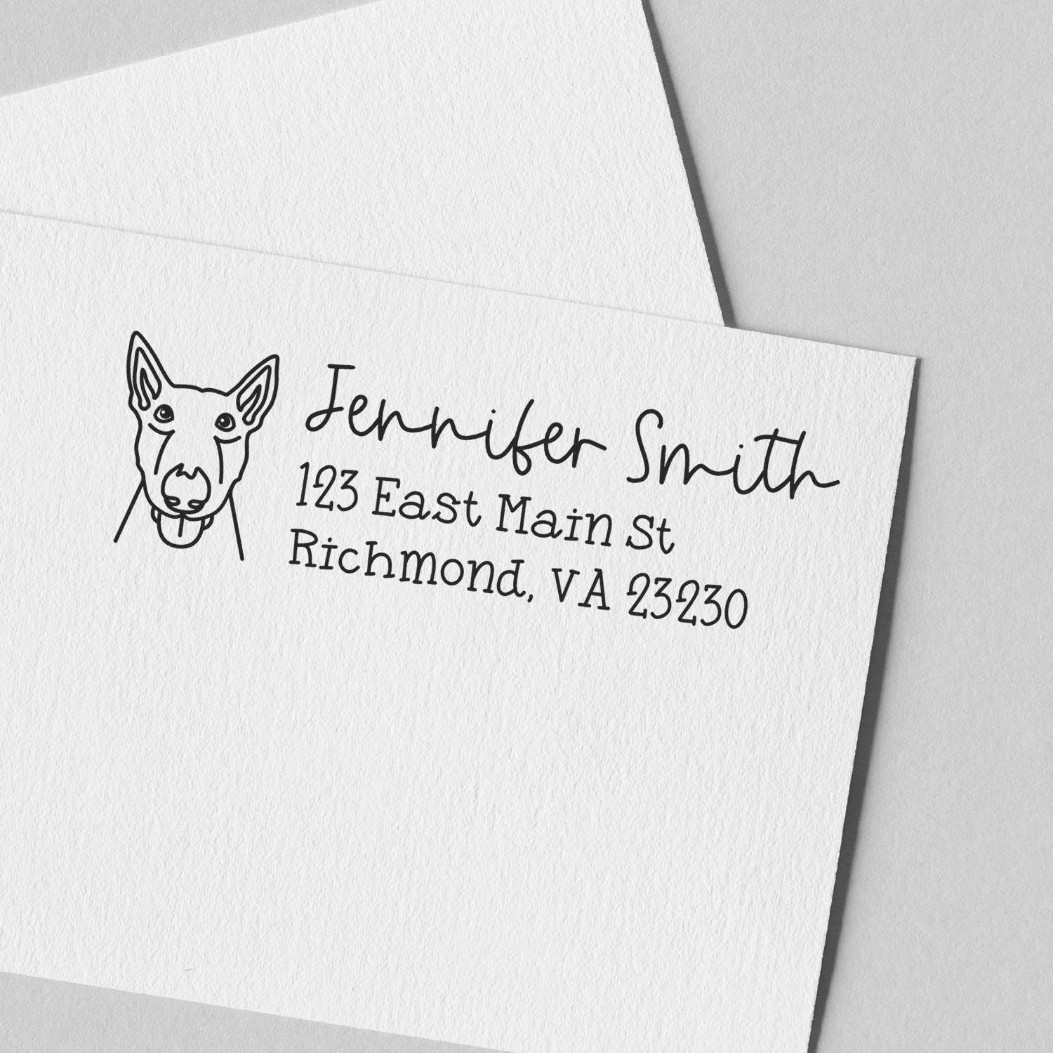 Custom dog address rubber stamp with personalized name and return address on envelope.