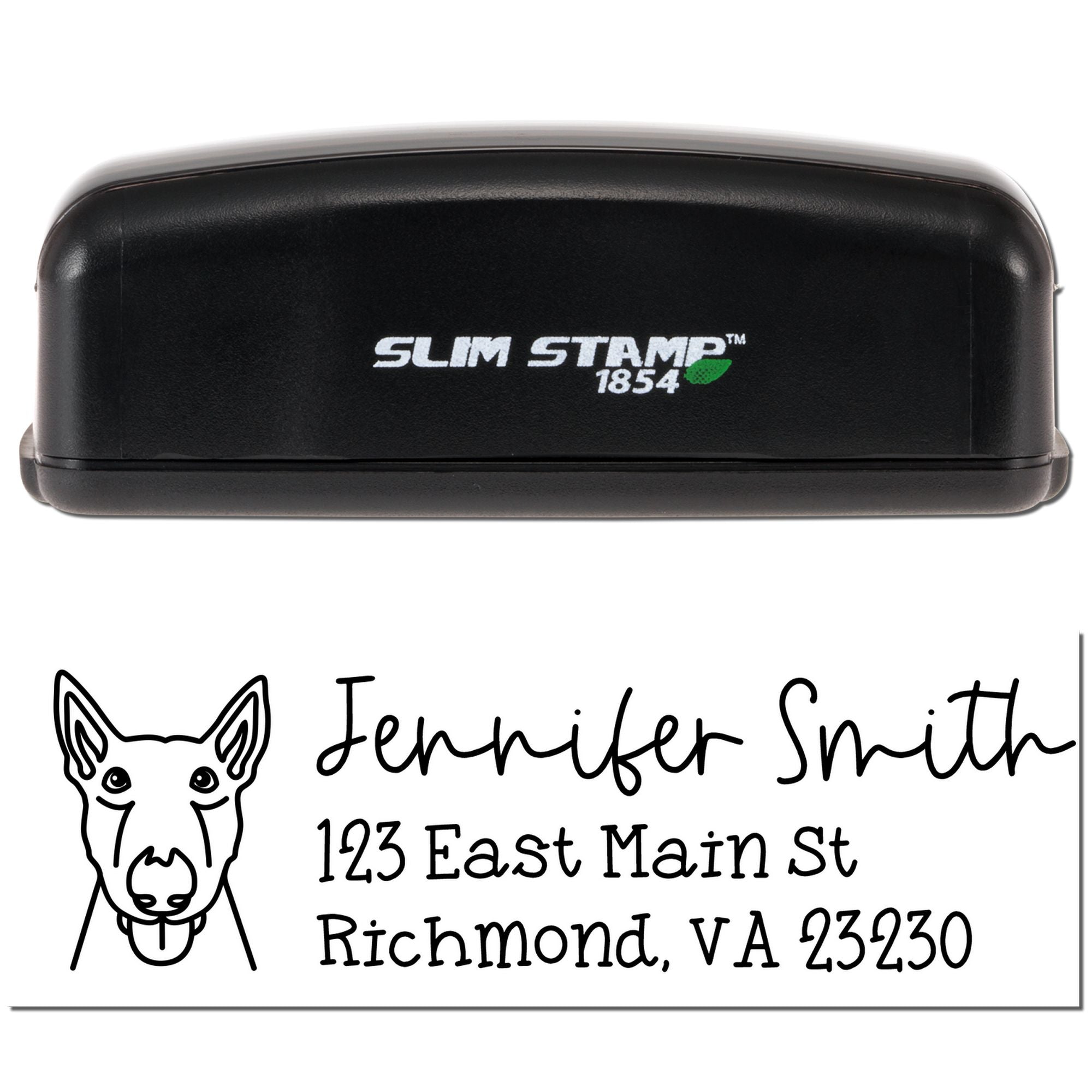Custom Slim Stamp 1854 self-inking return address rubber stamp with dog logo for Jennifer Smith, Richmond, VA 23230
