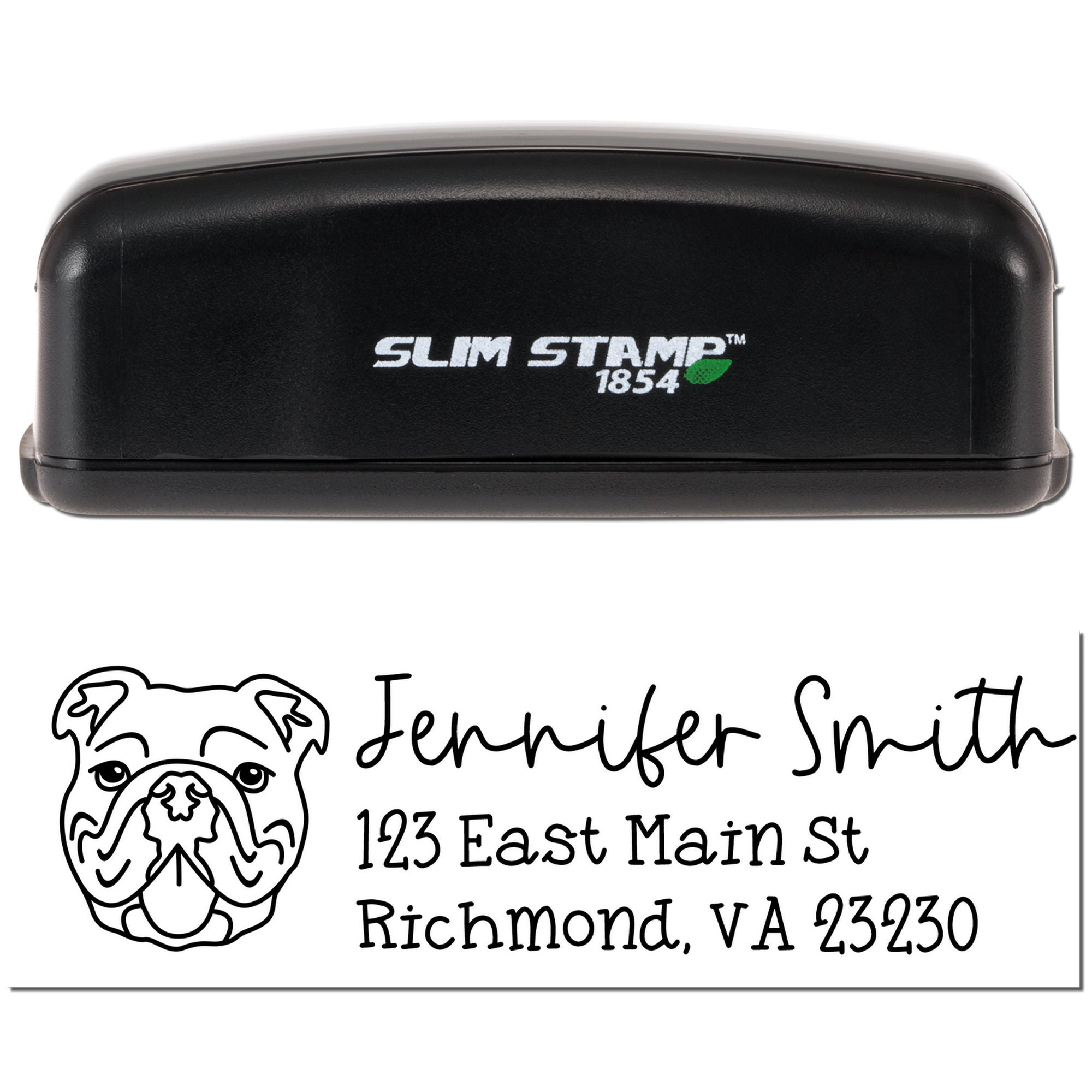 Custom Slim Stamp 1854 self-inking rubber stamp with bulldog logo and Jennifer Smith address for business mailing.