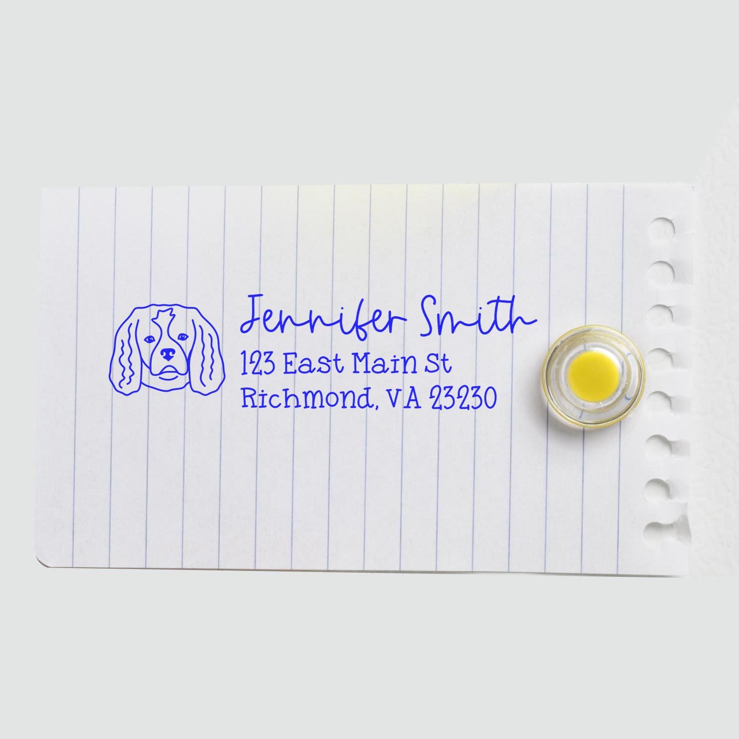 Personalized dog return address rubber stamp with Jennifer Smith name and Richmond, VA address for envelopes and mailings.