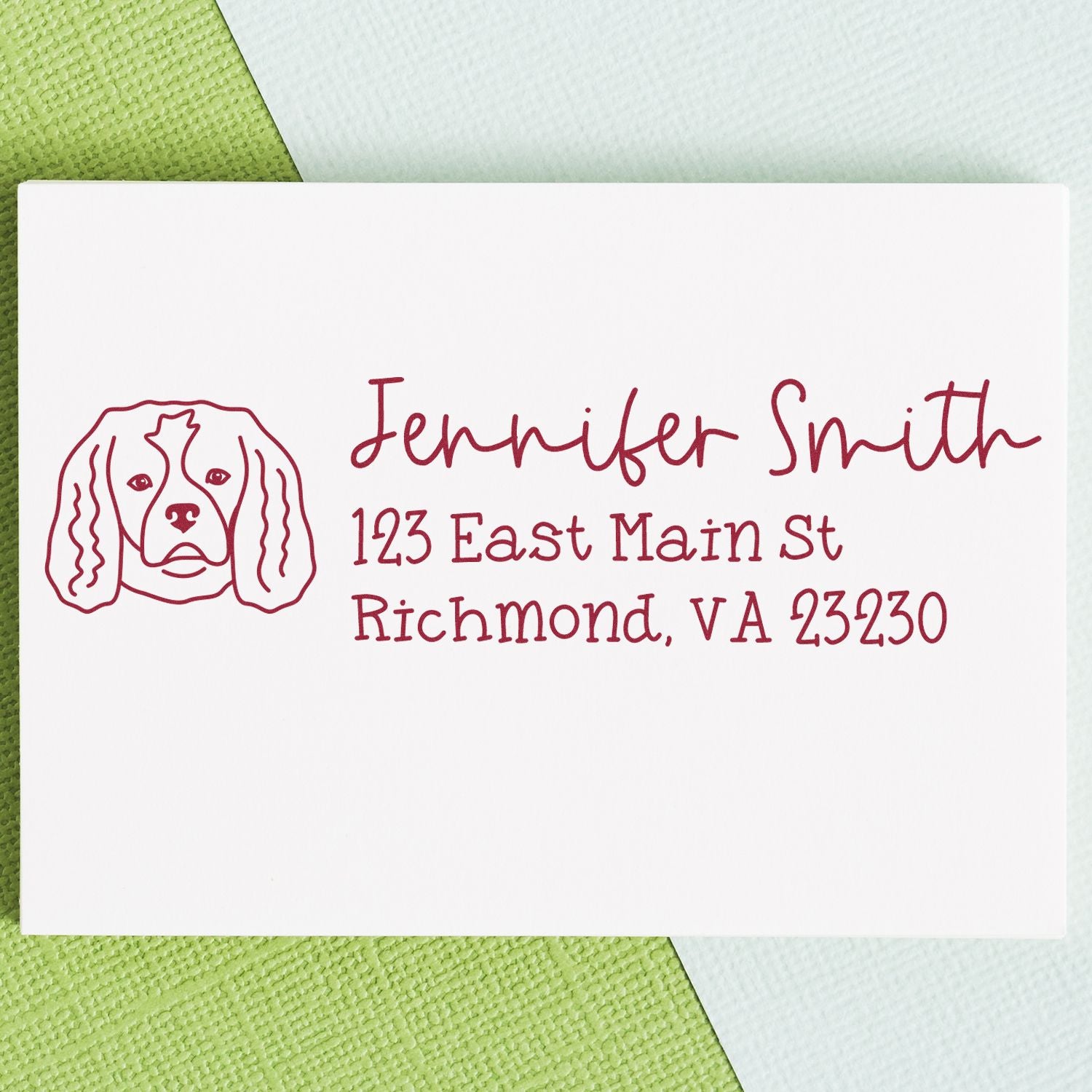 Custom return address rubber stamp with dog illustration for Jennifer Smith, Richmond, VA 23230.