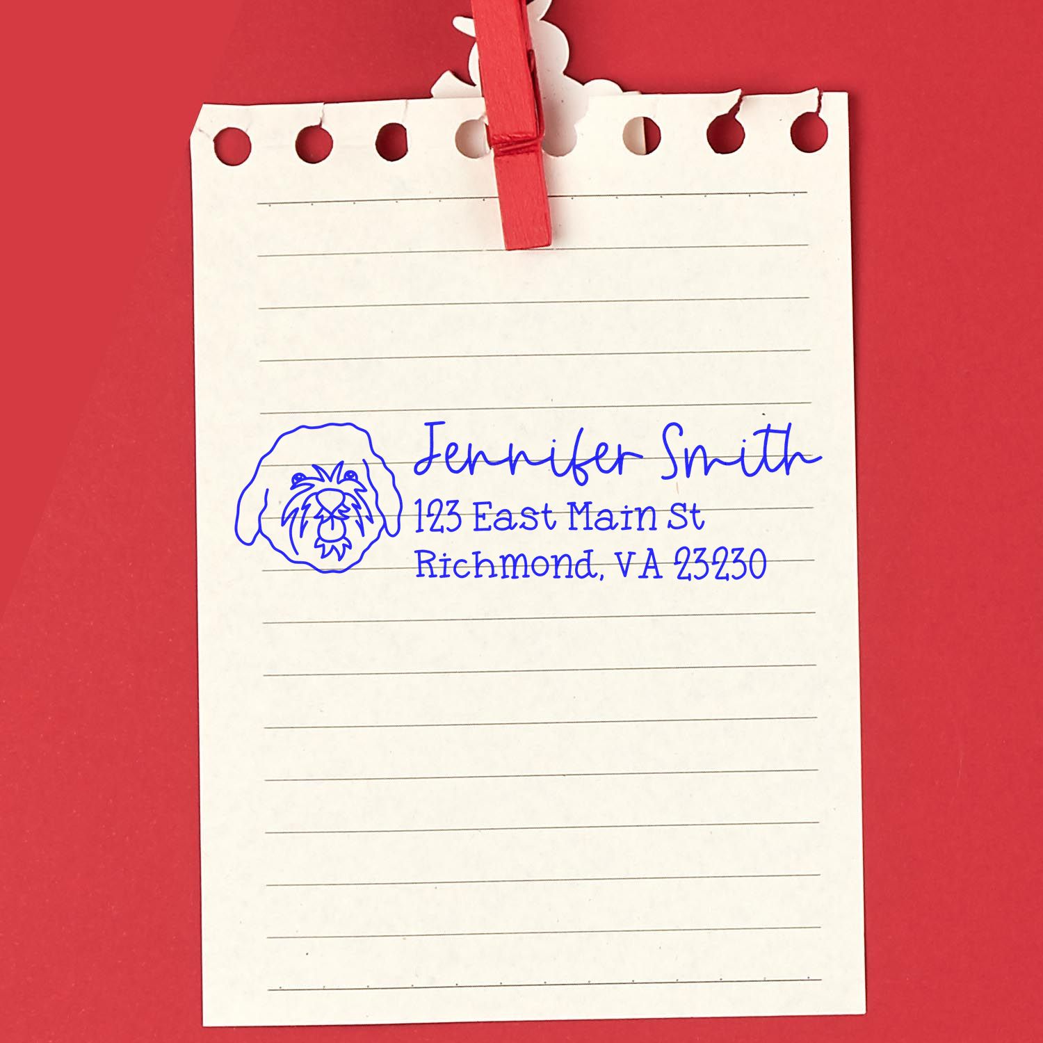 Personalized return address rubber stamp with lion logo and Jennifer Smith address, Richmond, VA