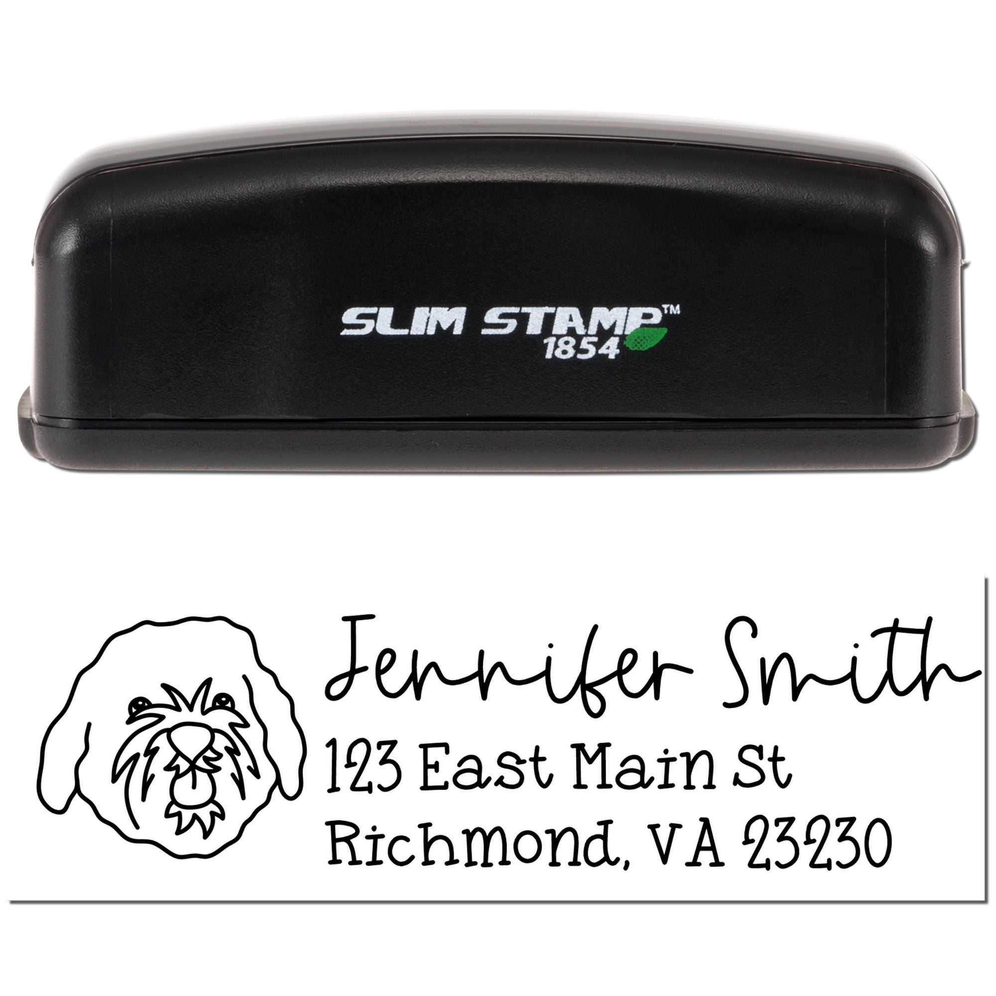Custom return address rubber stamp with dog logo, Jennifer Smith, 123 East Main St, Richmond, VA 23230.
