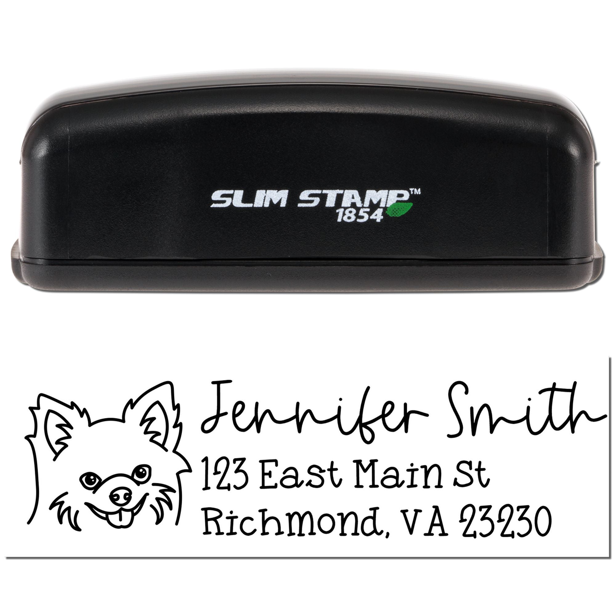 Custom Slim Stamp 1854 rubber stamp with dog logo and return address for Jennifer Smith, Richmond, VA 23230.