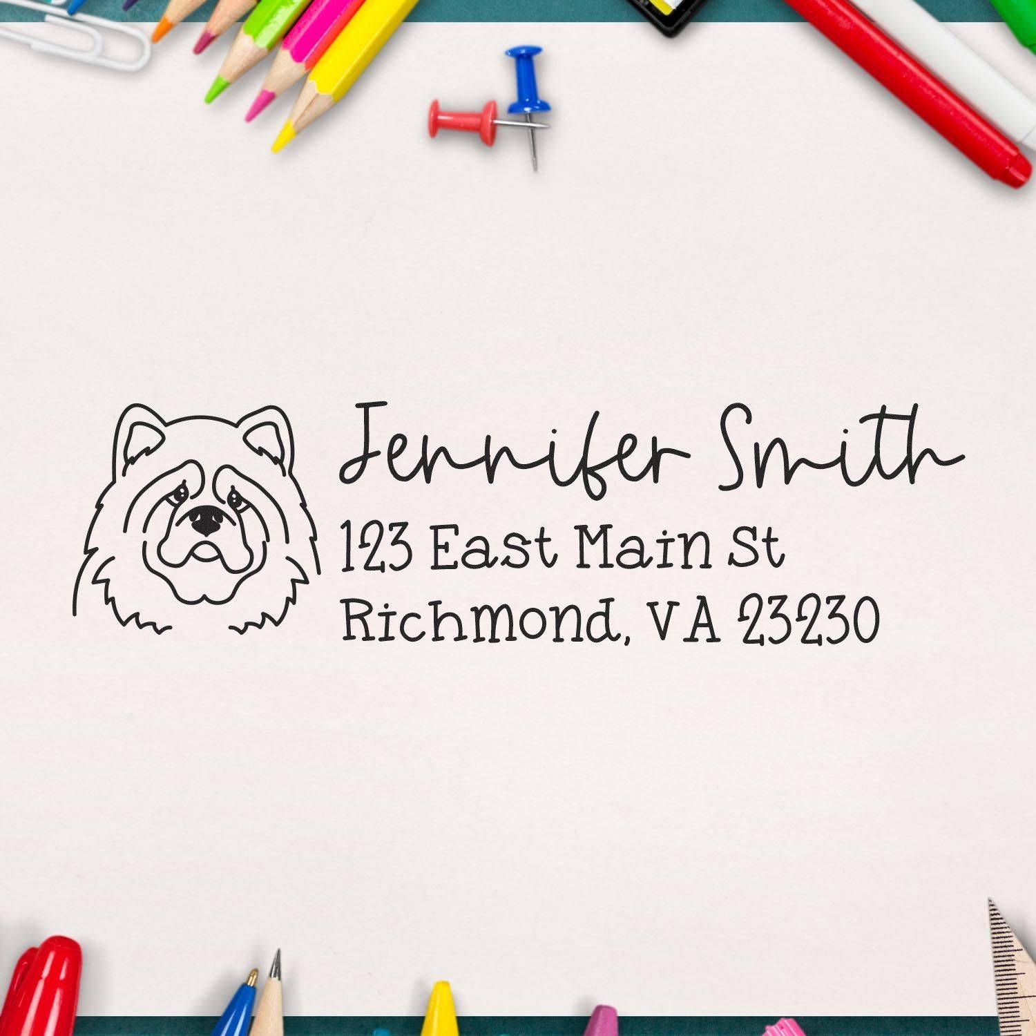 Custom return address rubber stamp with dog illustration, Jennifer Smith name, and Richmond, VA address.