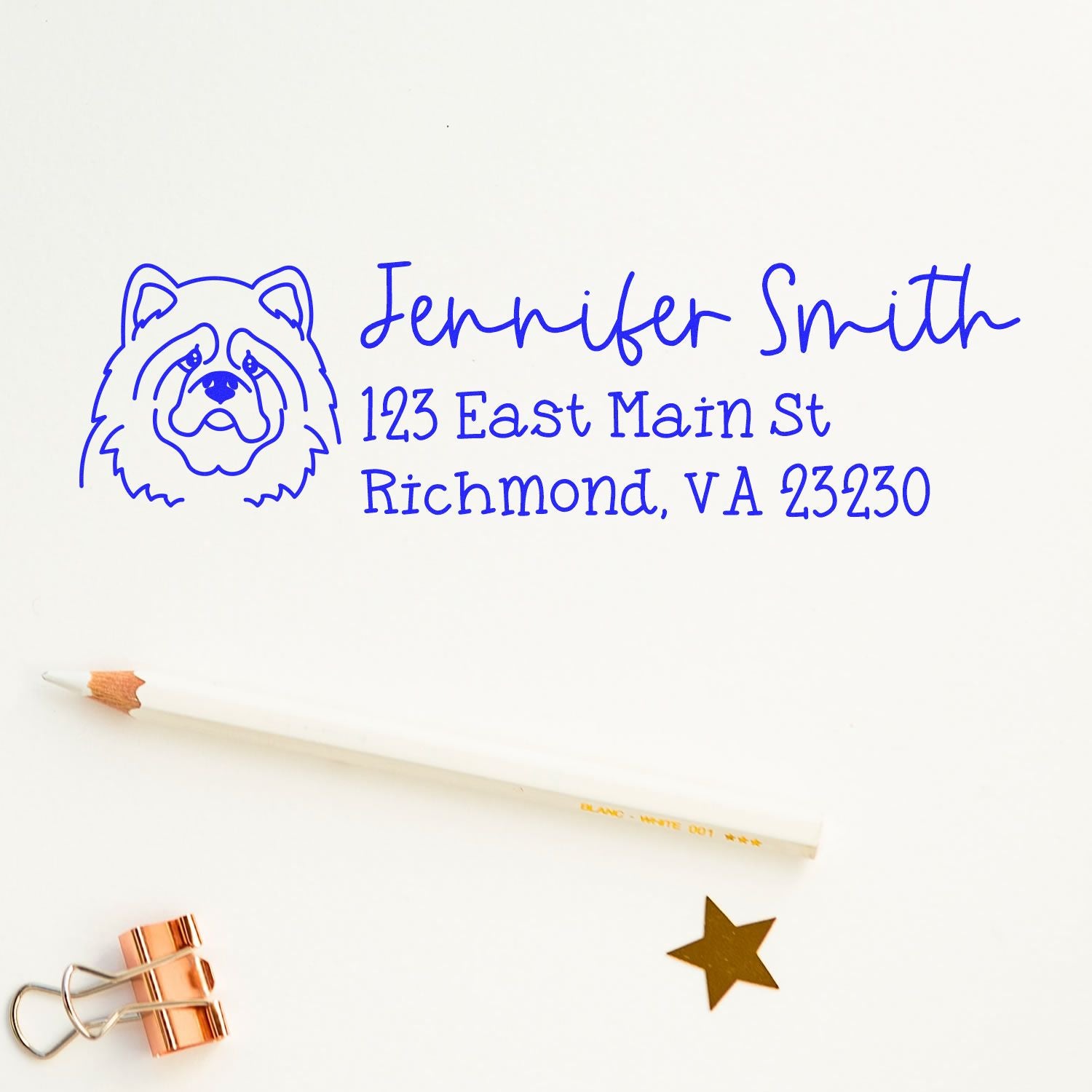 Dog-themed custom return address rubber stamp for Jennifer Smith, Richmond, VA 23230.