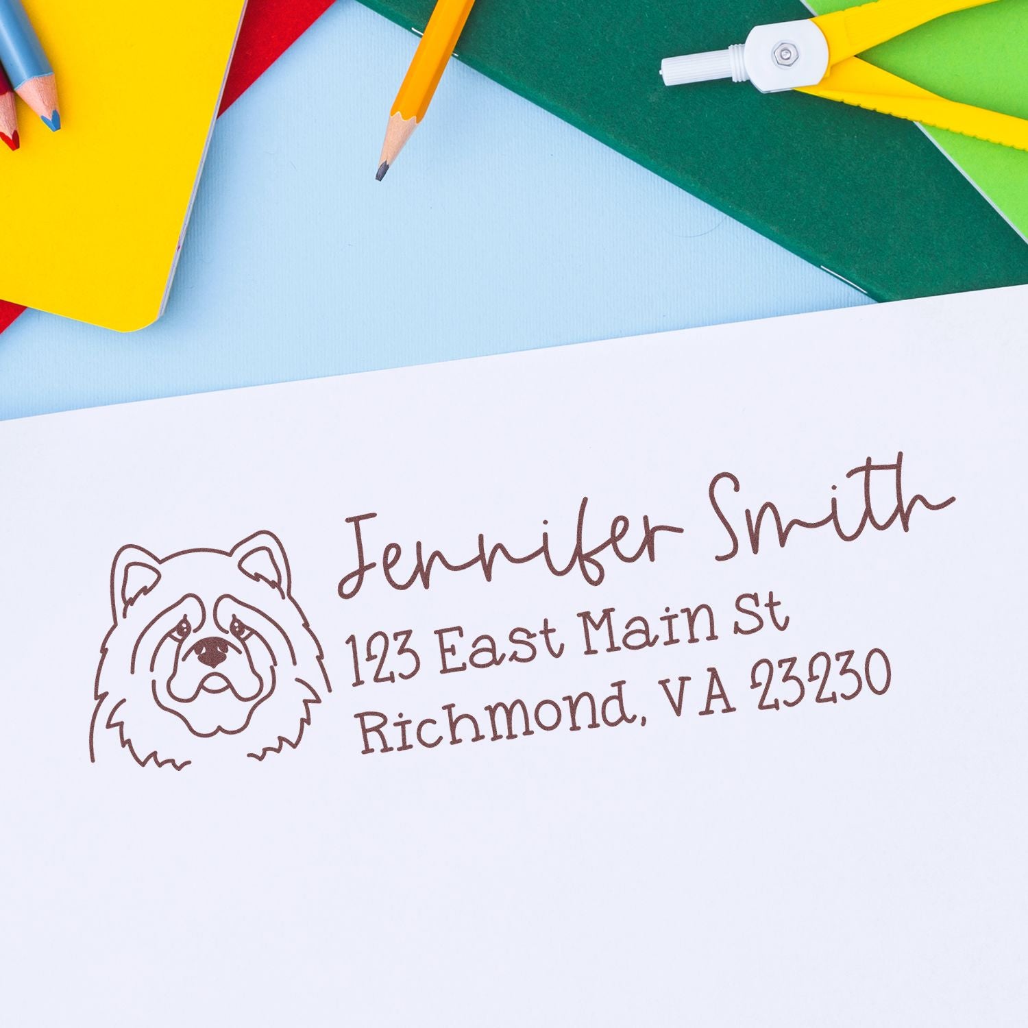 Personalized return address rubber stamp with bulldog logo for Jennifer Smith, 123 East Main St, Richmond, VA 23230.
