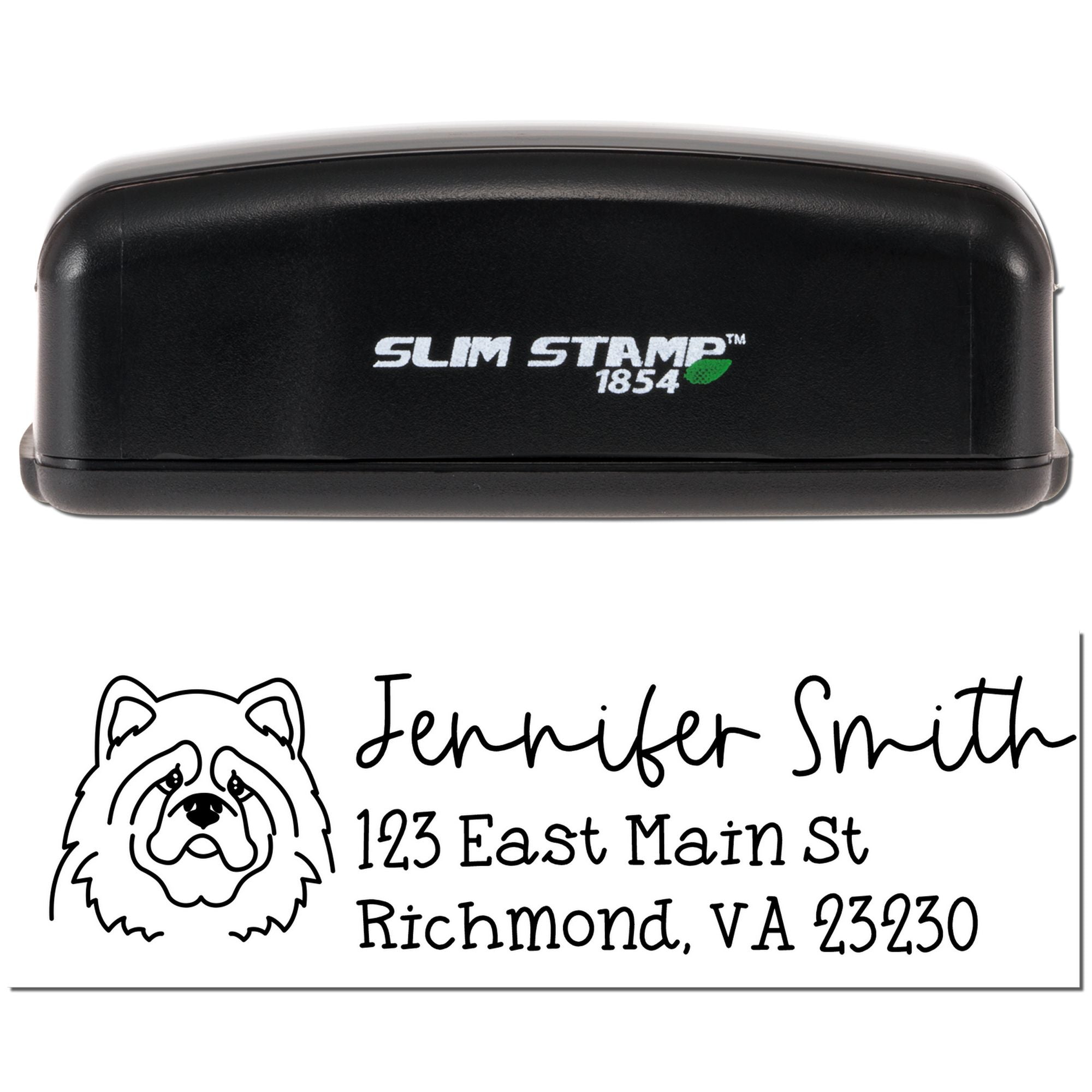 Slim Stamp custom address rubber stamp with dog logo, showing Jennifer Smith Richmond, VA imprint.