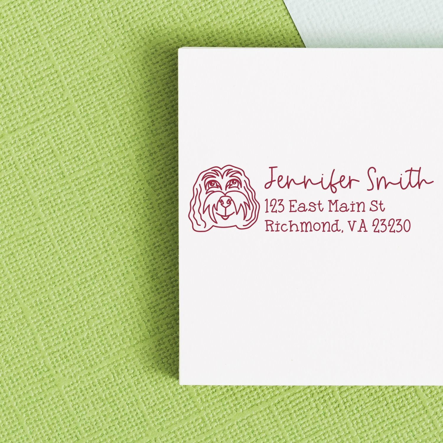 Custom dog address rubber stamp with Jennifer Smith name and Richmond, VA return address on a white envelope.