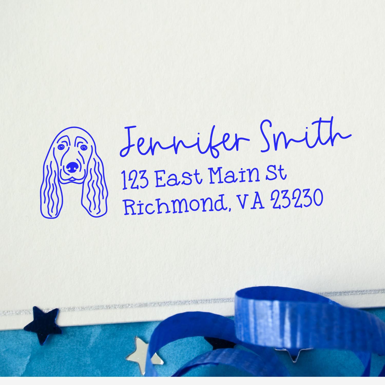 Personalized dog portrait return address rubber stamp for Jennifer Smith, Richmond, VA 23230