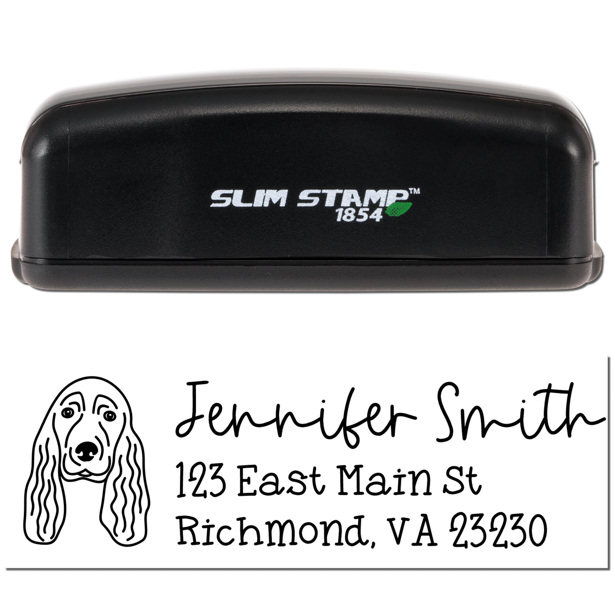 Slim Stamp 1854 custom address rubber stamp with dog illustration and Jennifer Smith return address, Richmond VA