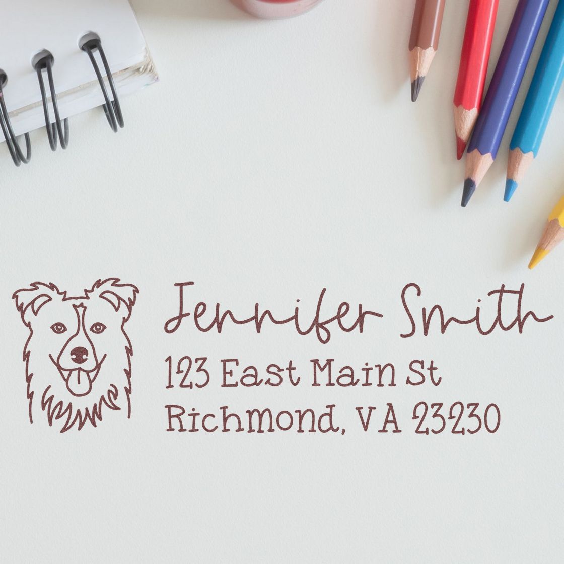 Custom dog return address rubber stamp with name and Richmond, VA address for personalized mailings.