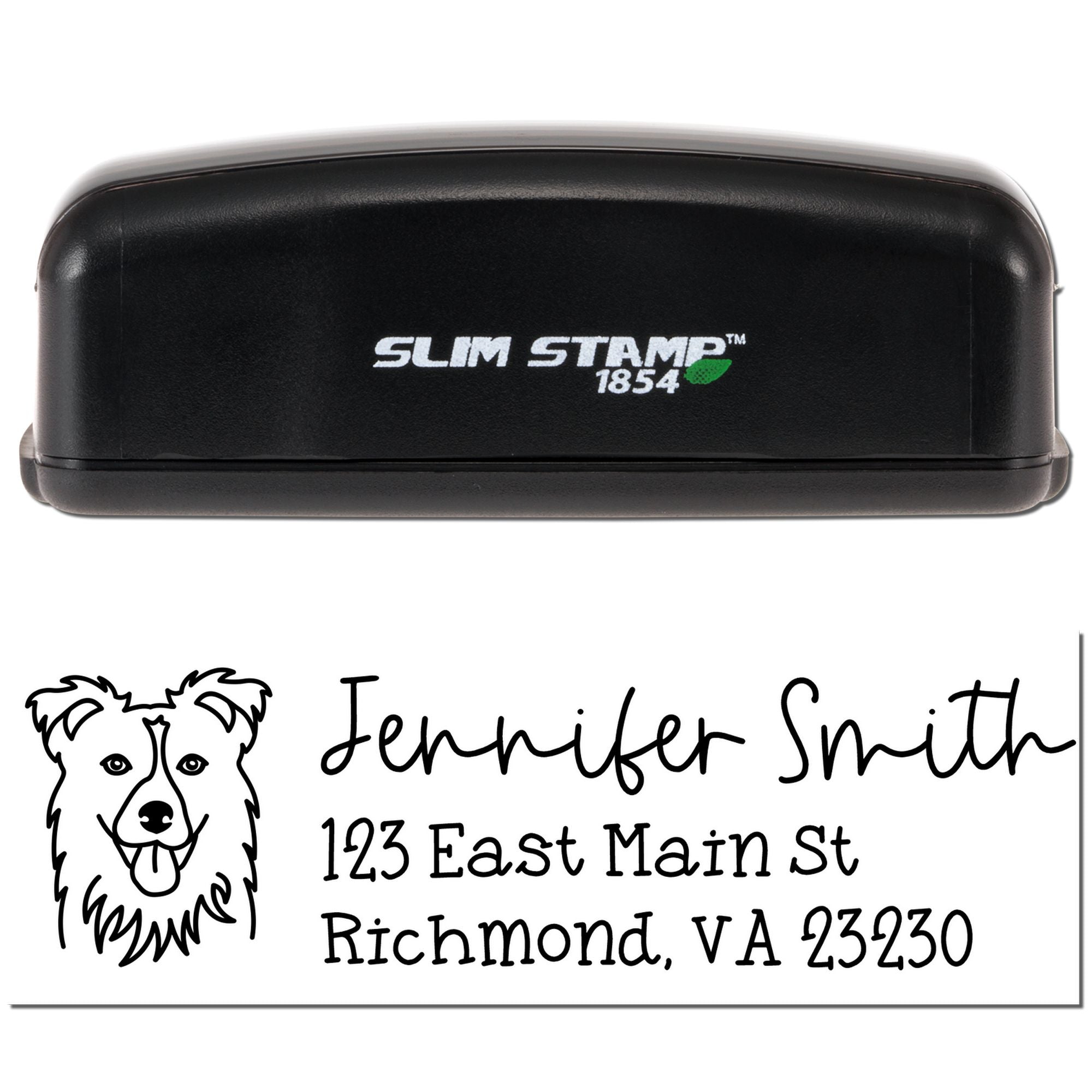 Slim Stamp 1854 custom self-inking return address rubber stamp with dog logo, Jennifer Smith, Richmond VA.
