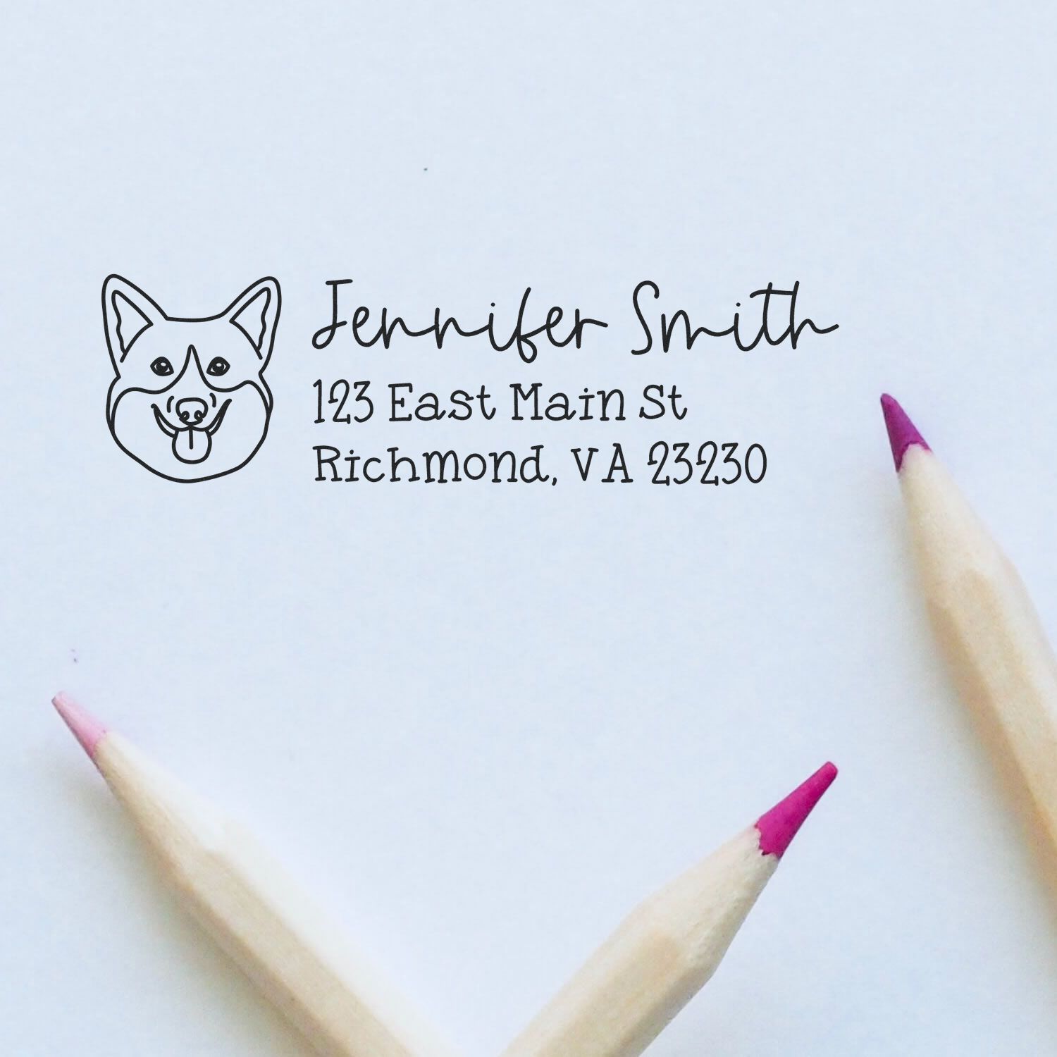 Custom dog return address rubber stamp with pet face icon, name, street address, and city for personalized mailing.