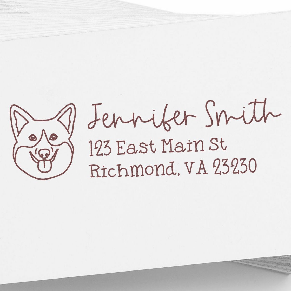 Personalized dog address rubber stamp for envelopes, featuring Jennifer Smith name, address, and pet logo.
