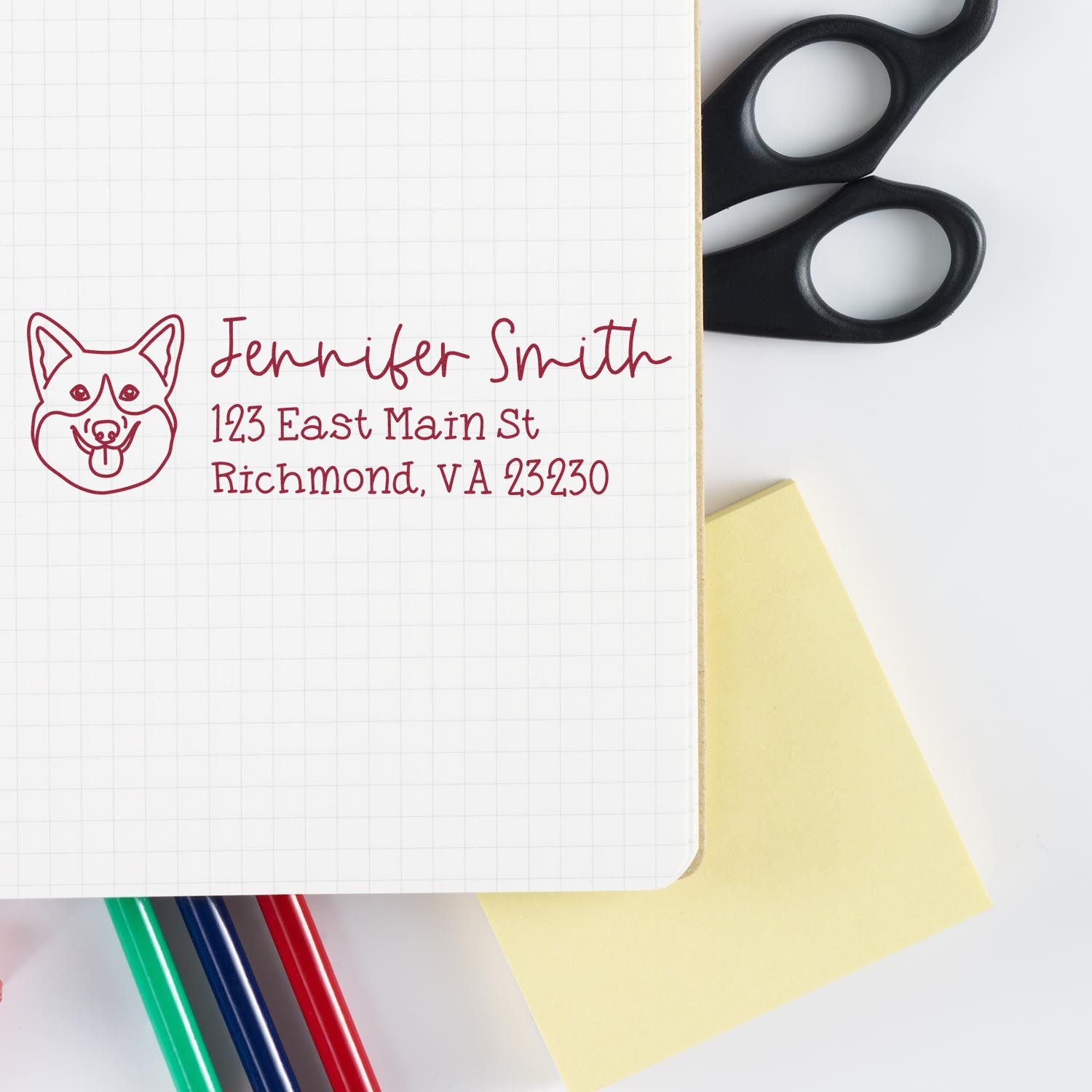 Custom dog return address rubber stamp with personalized name and address for mailing, stationery, and pet lovers.