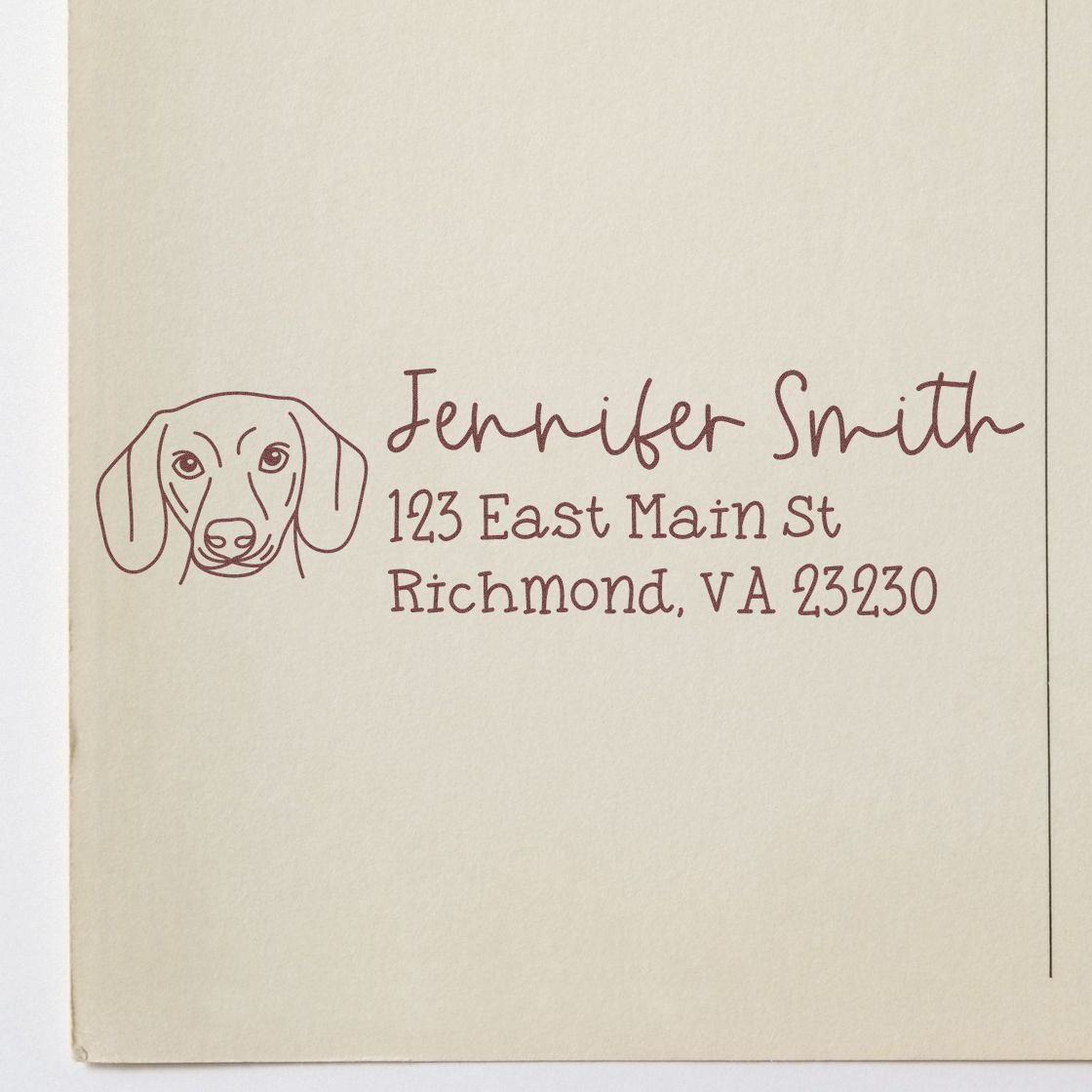 Personalized dog return address stamp for Jennifer Smith, Richmond, VA 23230.