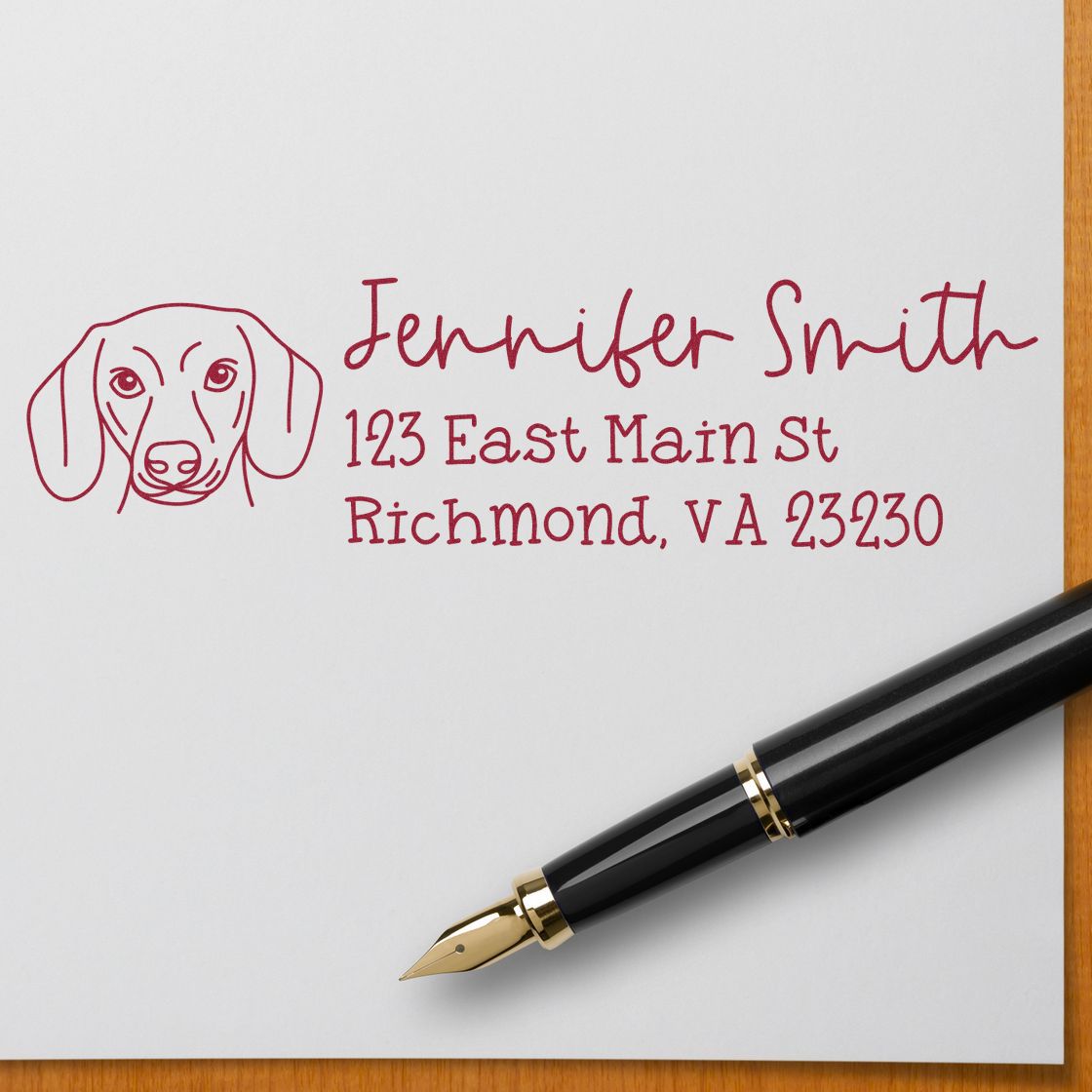 Personalized rubber return address stamp with dog illustration for Jennifer Smith, Richmond, VA.