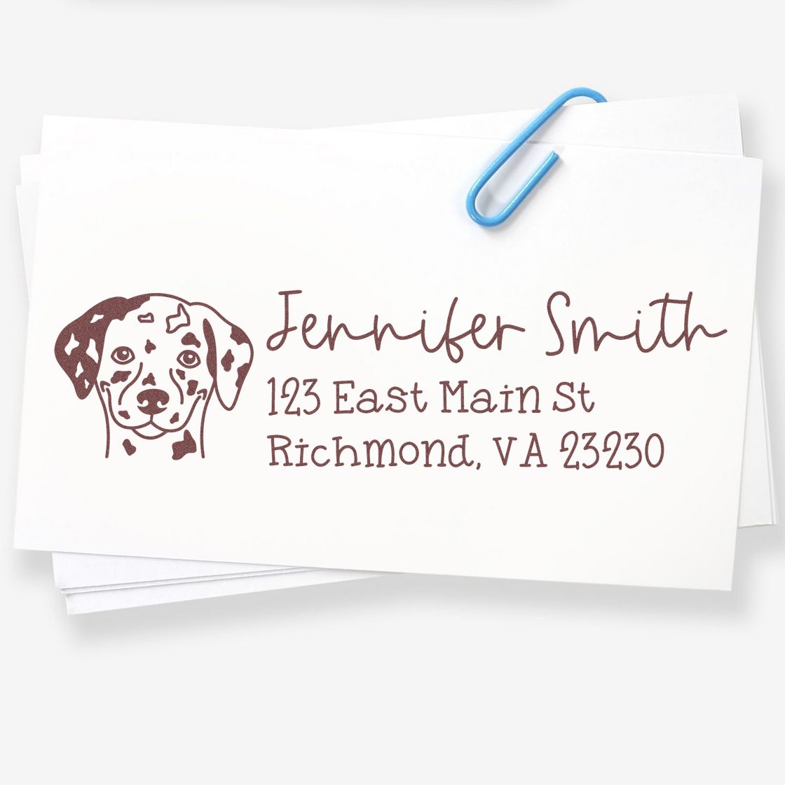 Personalized rubber return address stamp with Dalmatian dog design for Jennifer Smith, Richmond, VA.