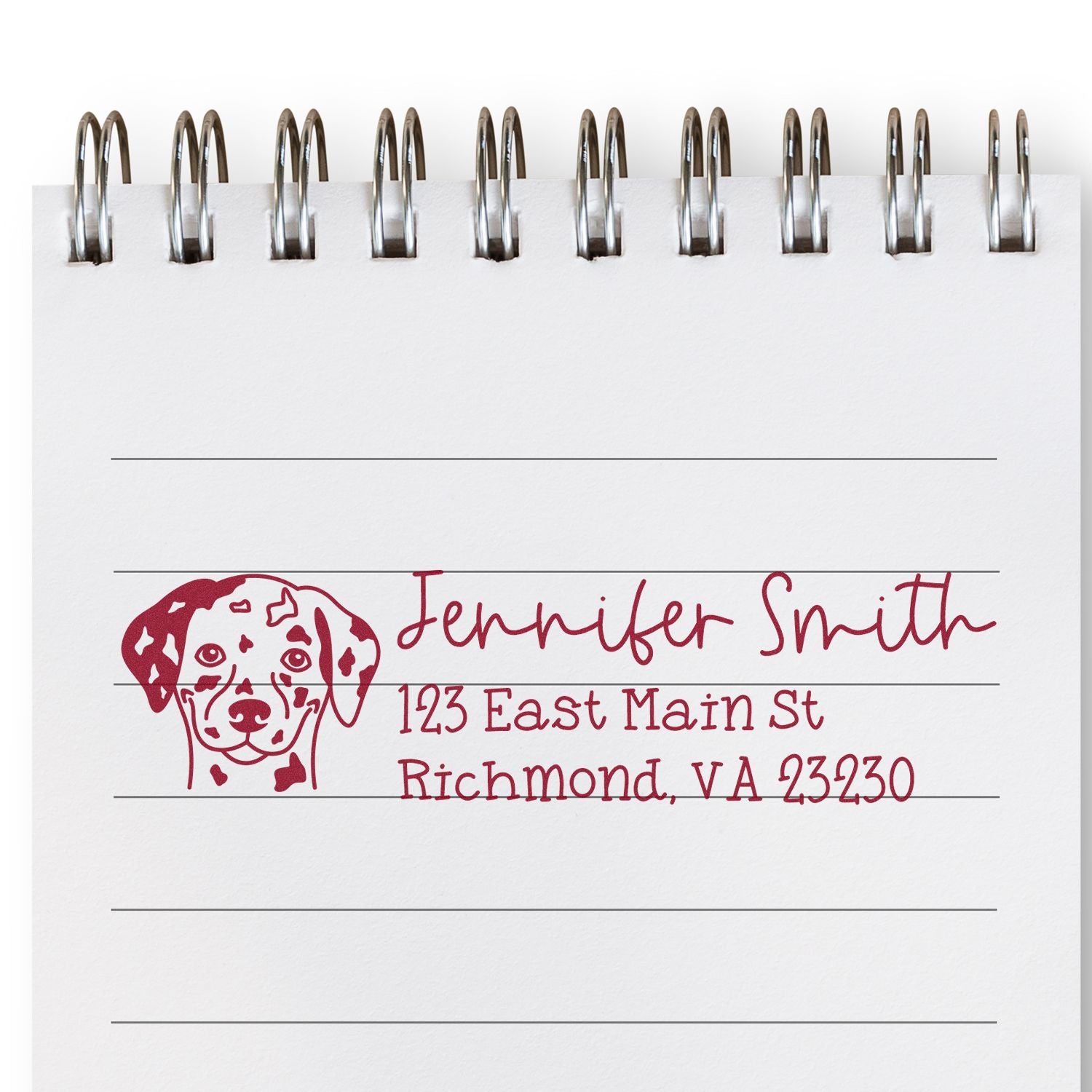 Personalized dog address rubber stamp impression with Dalmatian illustration, Jennifer Smith name, and Richmond, VA address.