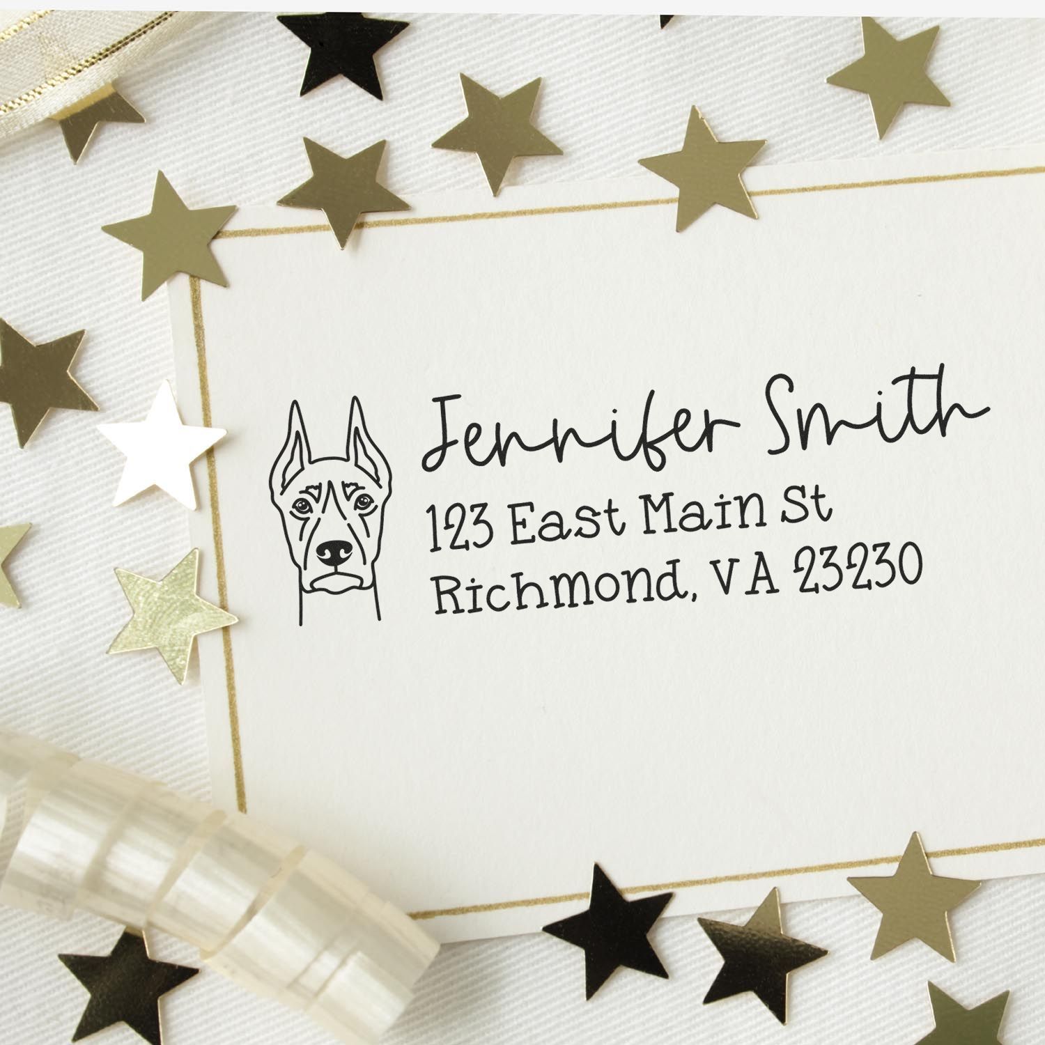 Personalized dog return address rubber stamp with portrait, name, and address for pet stationery
