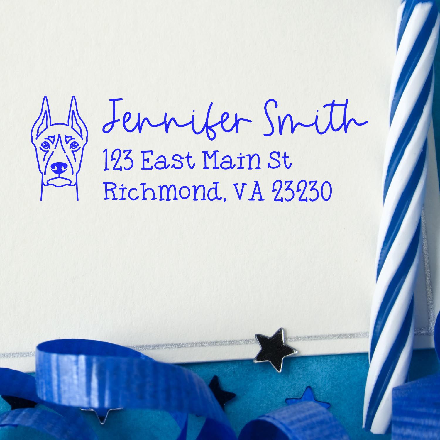 Personalized dog return address rubber stamp with name and Richmond, VA mailing address in blue ink.