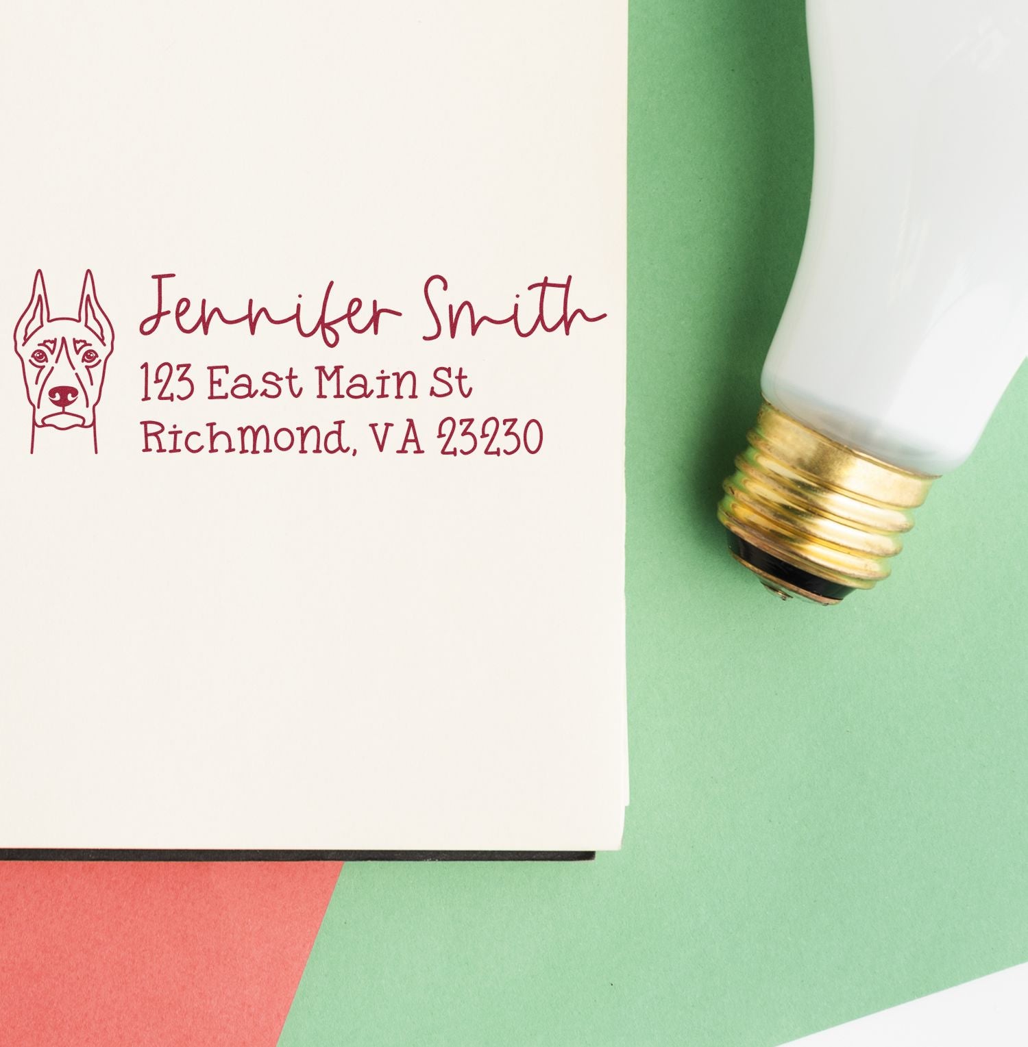 Personalized rubber address stamp with dog icon and Jennifer Smith return address for envelopes and mailing labels.
