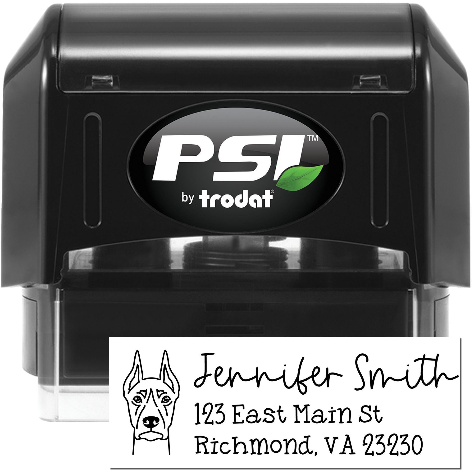 PSI by Trodat self-inking rubber stamp for custom address labels with dog logo and return address.