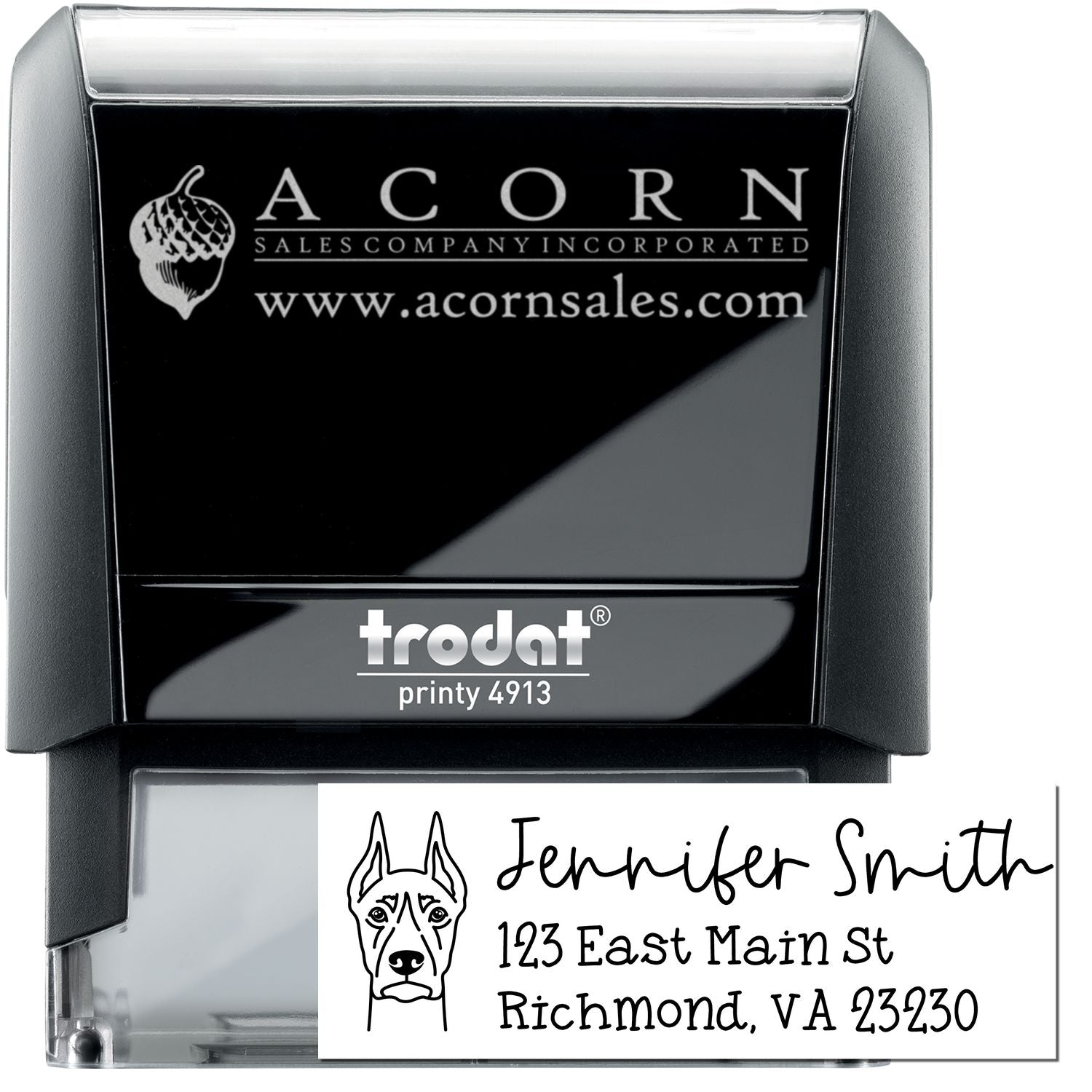 Custom self-inking rubber stamp, Trodat Printy 4913, with personalized address imprint and dog logo for business mailing.