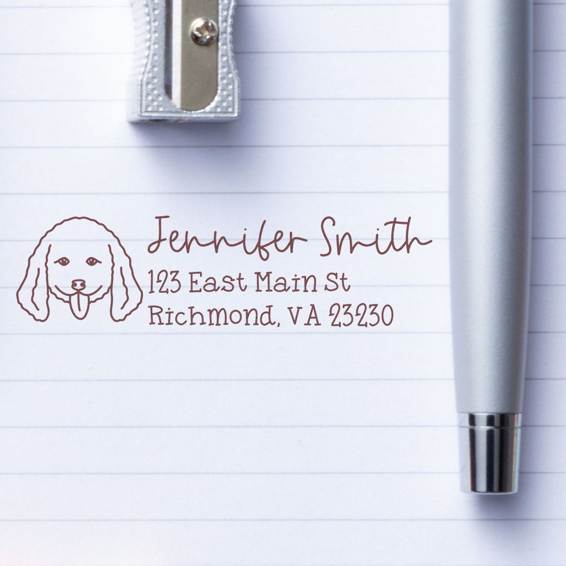 Personalized dog return address rubber stamp with name and address for custom stationery, envelopes and pet lovers.
