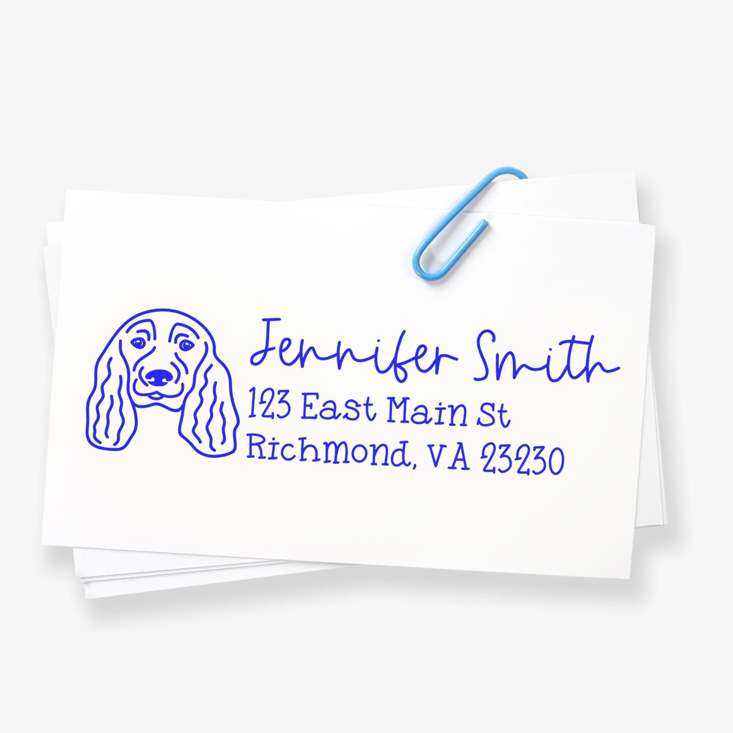 Custom return address rubber stamp with dog illustration for Jennifer Smith, Richmond, VA.