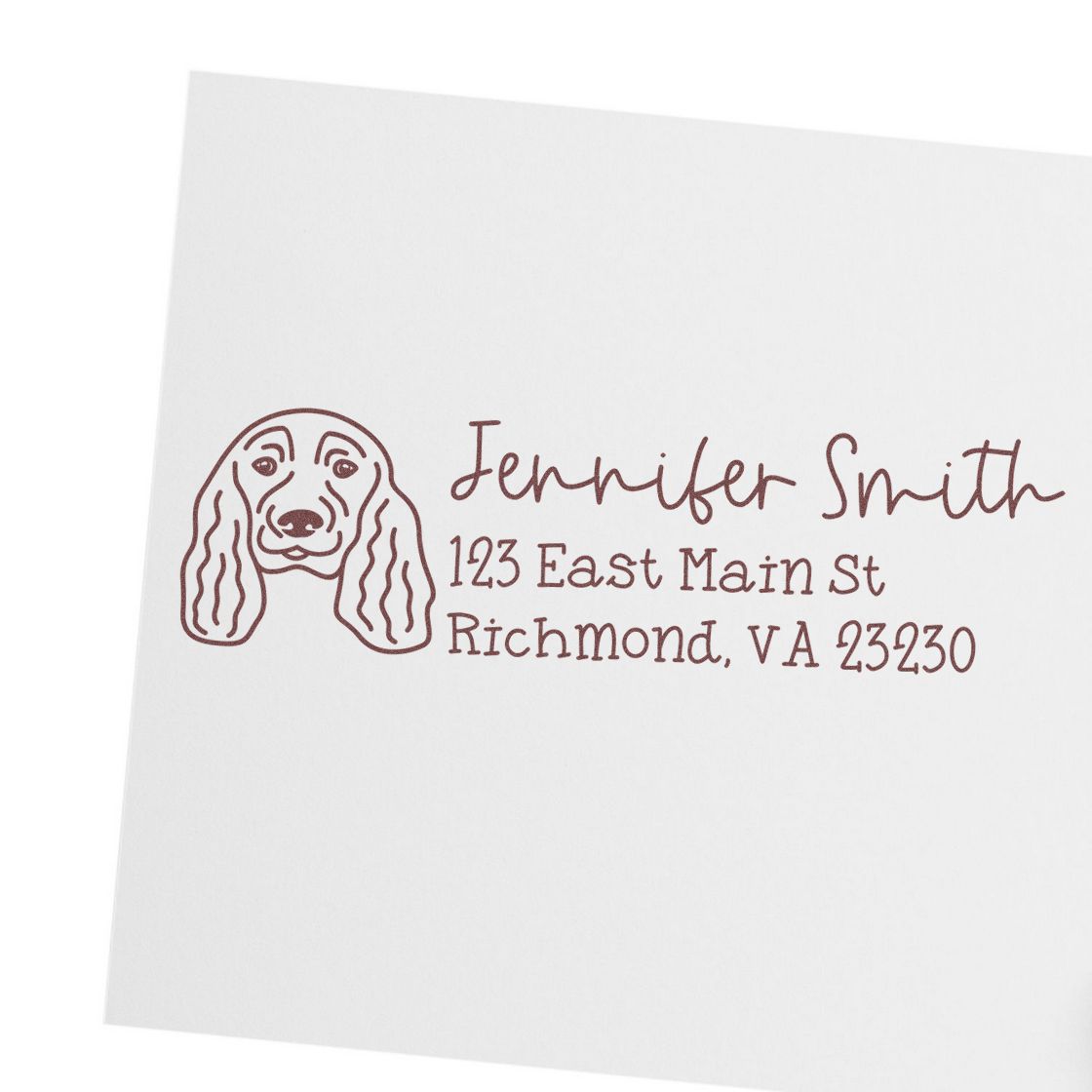 Custom return address rubber stamp with dog illustration, featuring Jennifer Smith and Richmond, VA address.