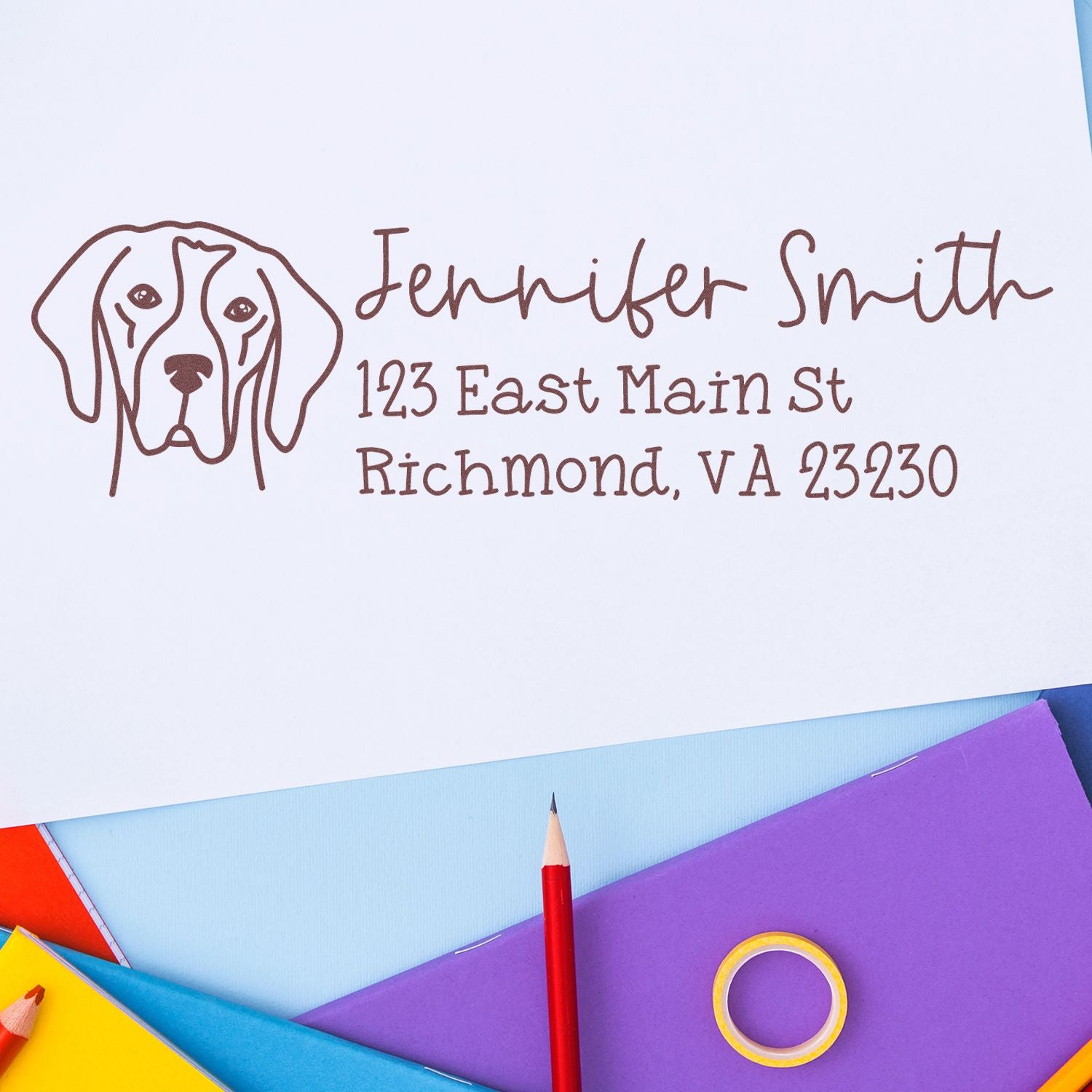 Custom dog address rubber stamp with name and Richmond, VA return address for personalized mailing and packaging