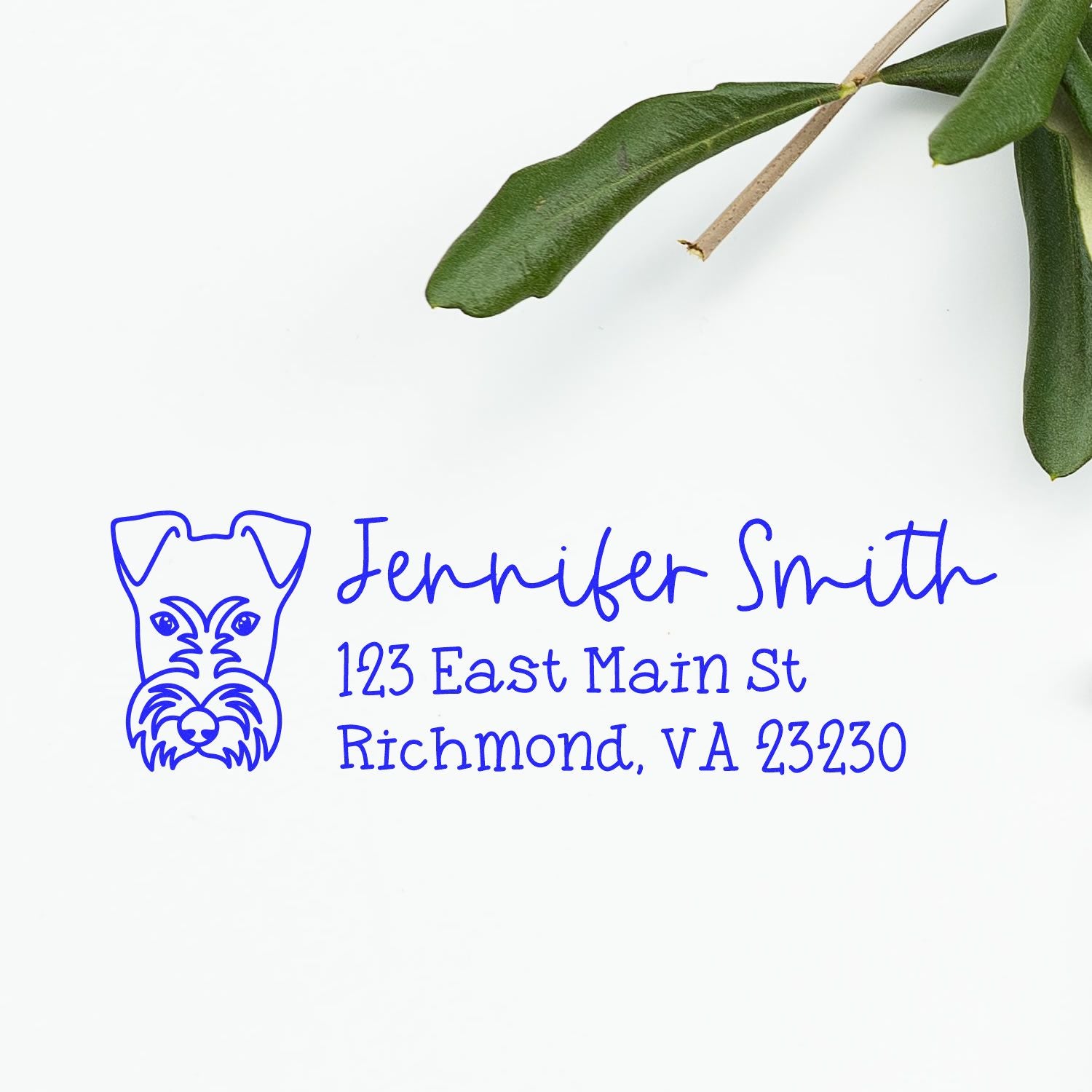 Custom dog return address rubber stamp with personalized name and address in blue ink.