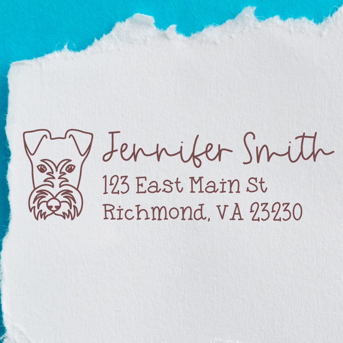 Custom rubber return address stamp with dog logo for Jennifer Smith, 123 East Main St, Richmond, VA 23230.
