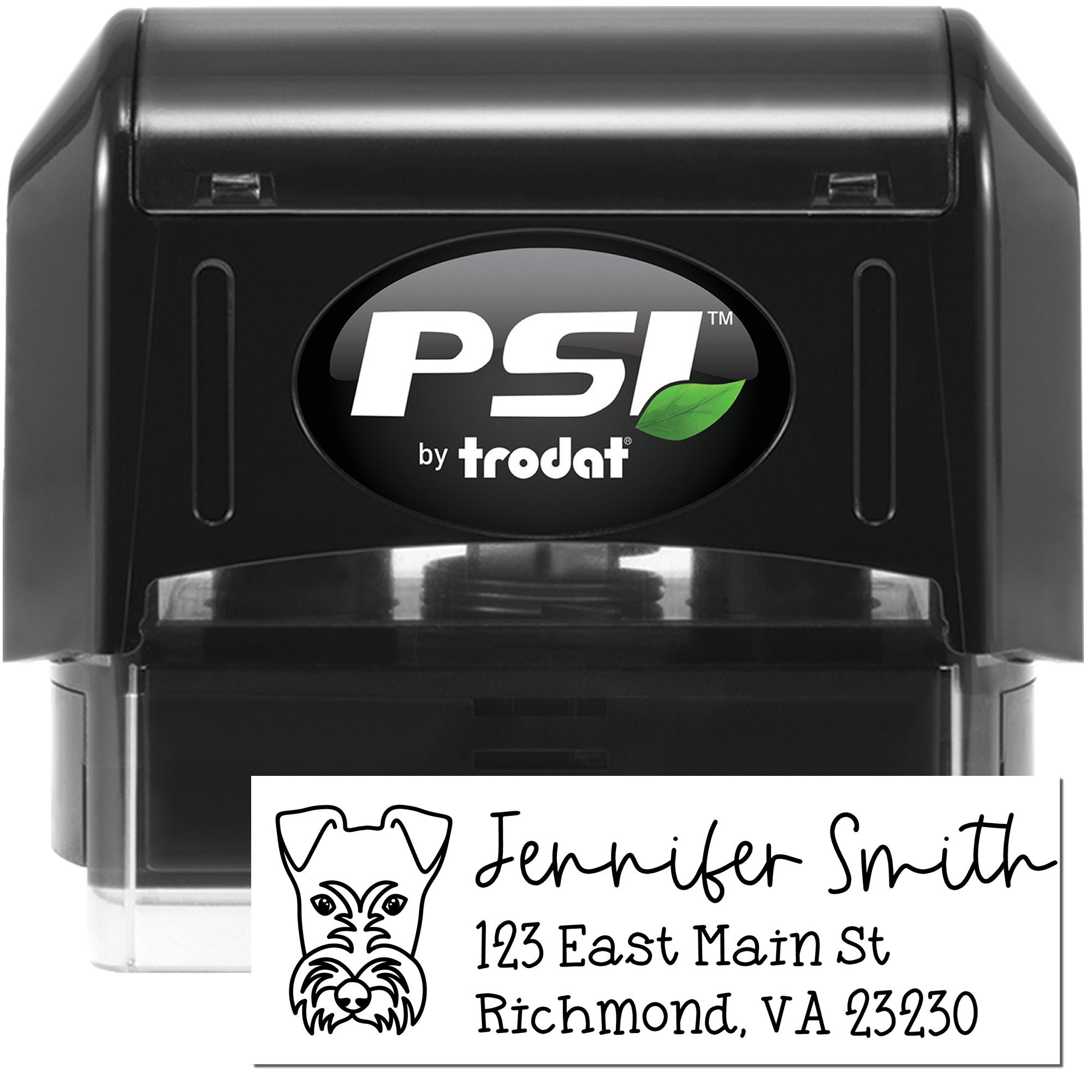 PSI by Trodat custom self-inking address rubber stamp with dog logo for Jennifer Smith, ideal for personalized mailing labels