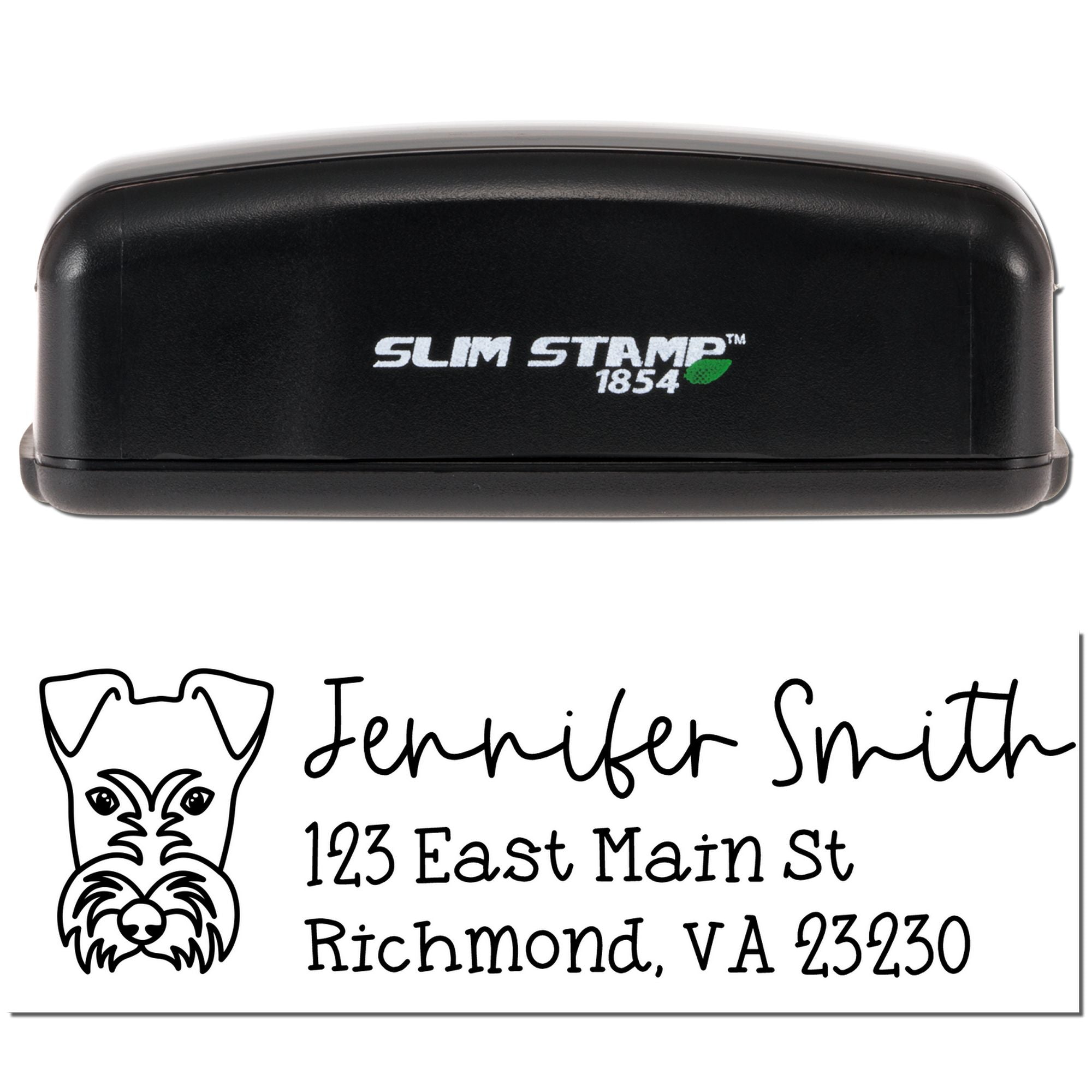 Slim Stamp 1854 personalized address rubber stamp with dog logo for Jennifer Smith, Richmond VA.