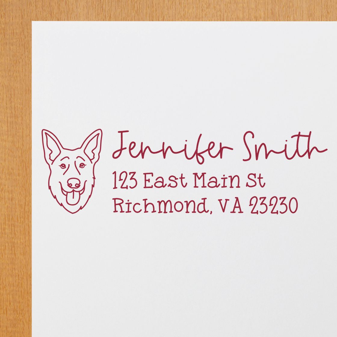 Custom dog return address rubber stamp with pet portrait, personalized name, and Richmond, VA mailing address.