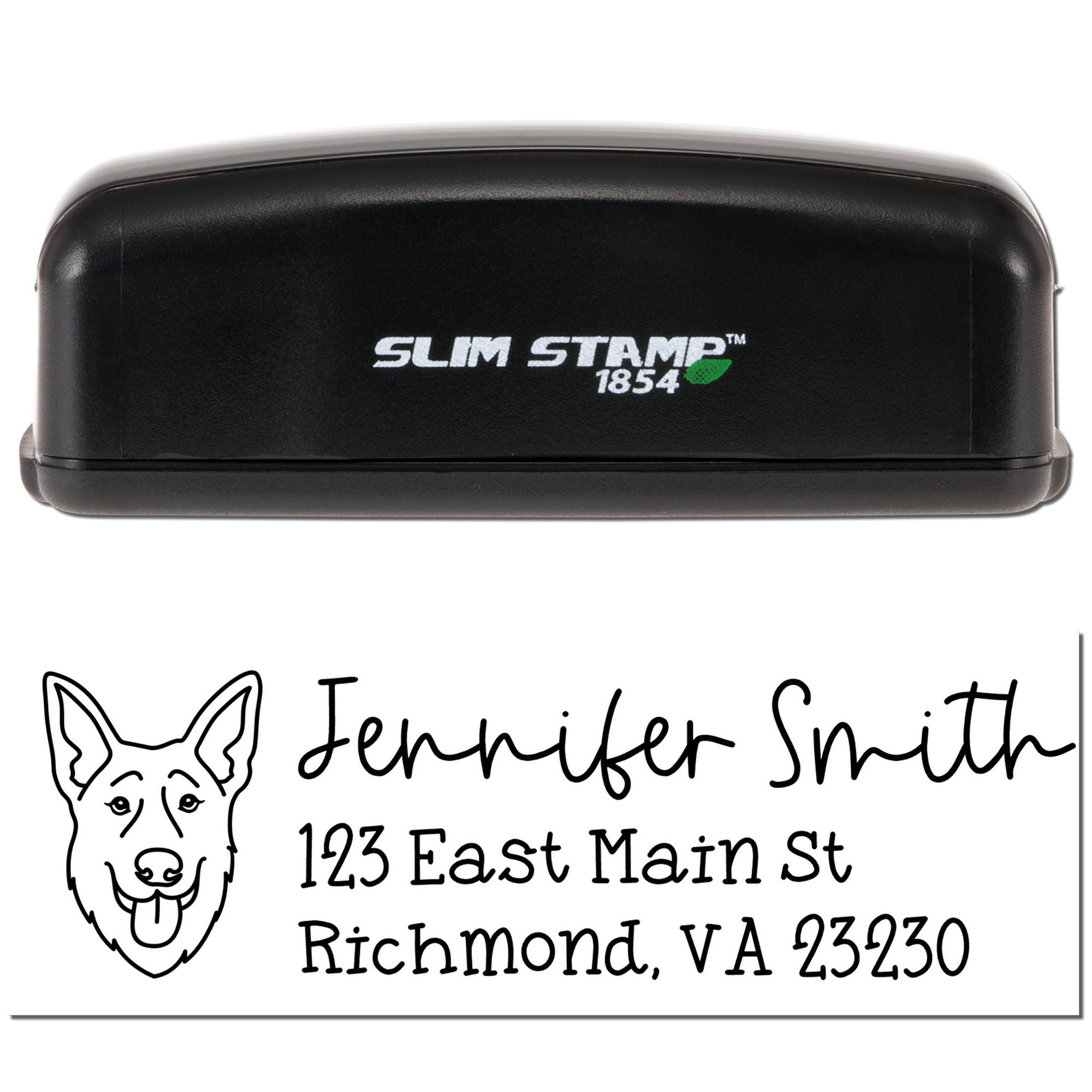 Custom Slim Stamp rubber stamp with dog logo and return address for Jennifer Smith, 123 East Main St, Richmond, VA 23230.